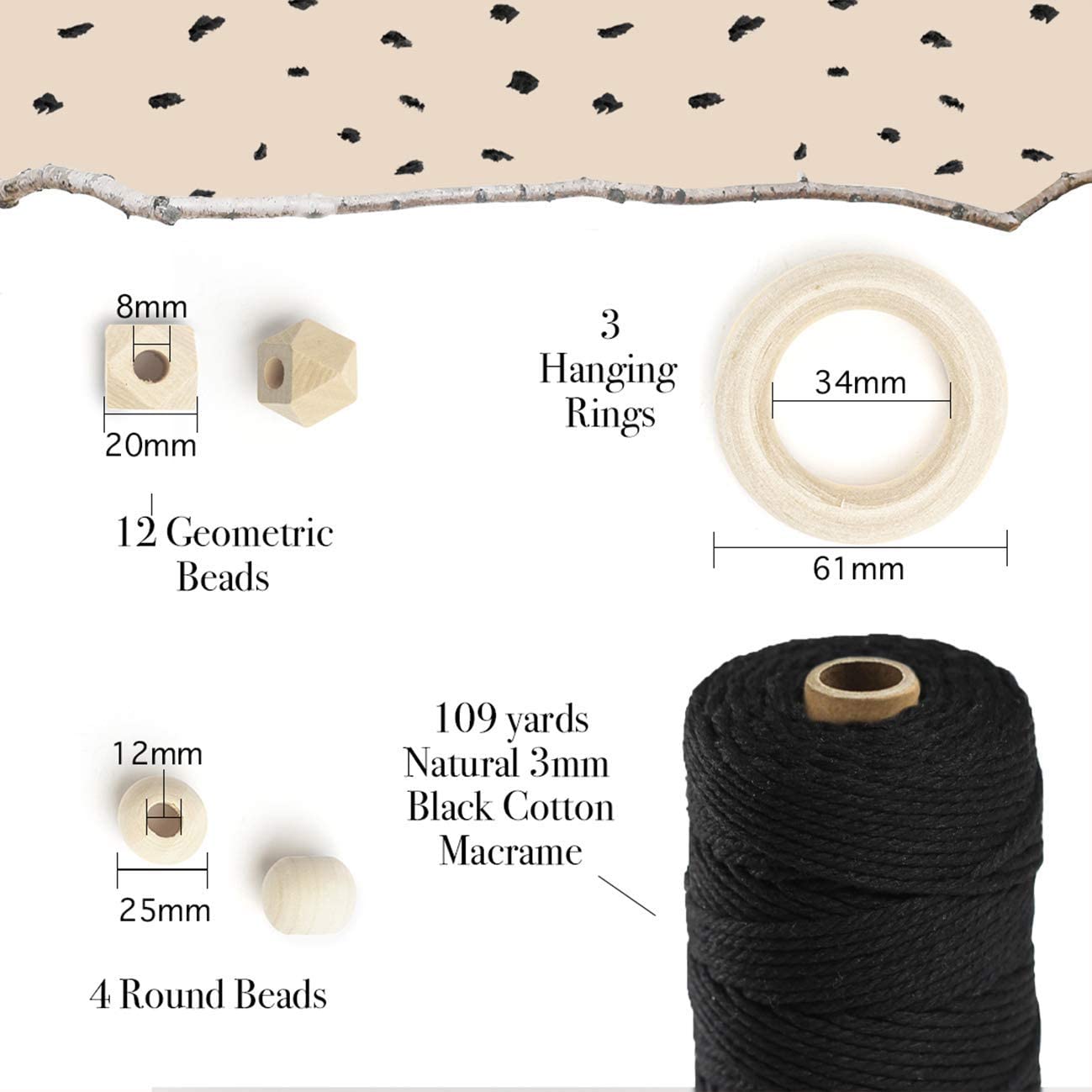 Macrame Kit-Black Edition-Makes 3 Macrame Plant Hangers with Easy to Follow Instructions for Adult Beginners - Includes 109 Yards 3mm Cotton Macrame Cord, Wooden Beads & Custom Instruction Booklet