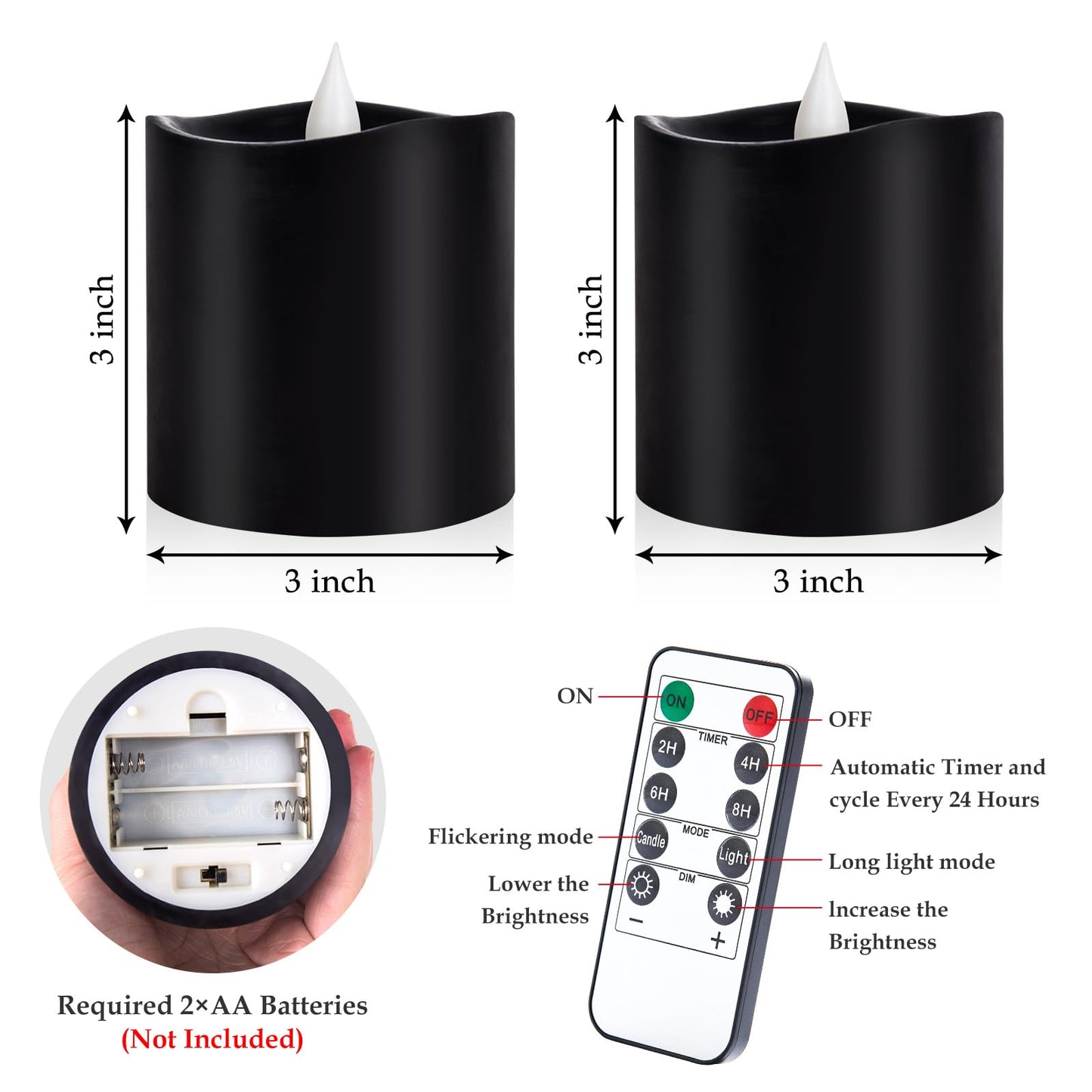 Woocodowe Black Flameless LED Candles, Black Battery Operated Candles with Remote Timer, 3"x3" Real Wax 2-Pack, 3D Flickering Flame Last 600+ Hours, Ideal for Halloween Christmas Gothic Home Decor
