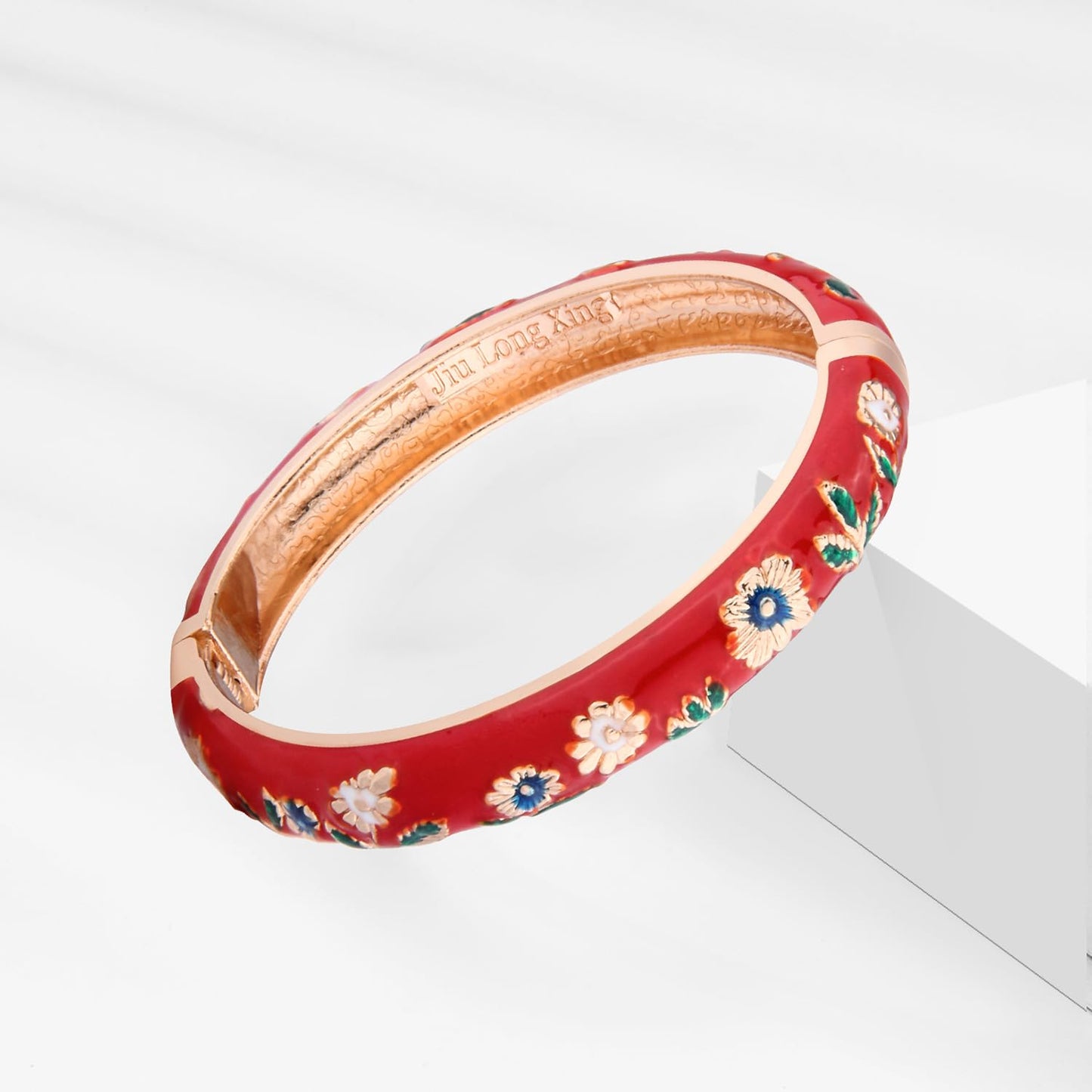 UJOY Vintage Jewelry Cloisonne Handcrafted Leaf Enameled Gorgeous Rhinestone Hinged Cuff Bracelet Bangles Gifts 88C11-55A119 red