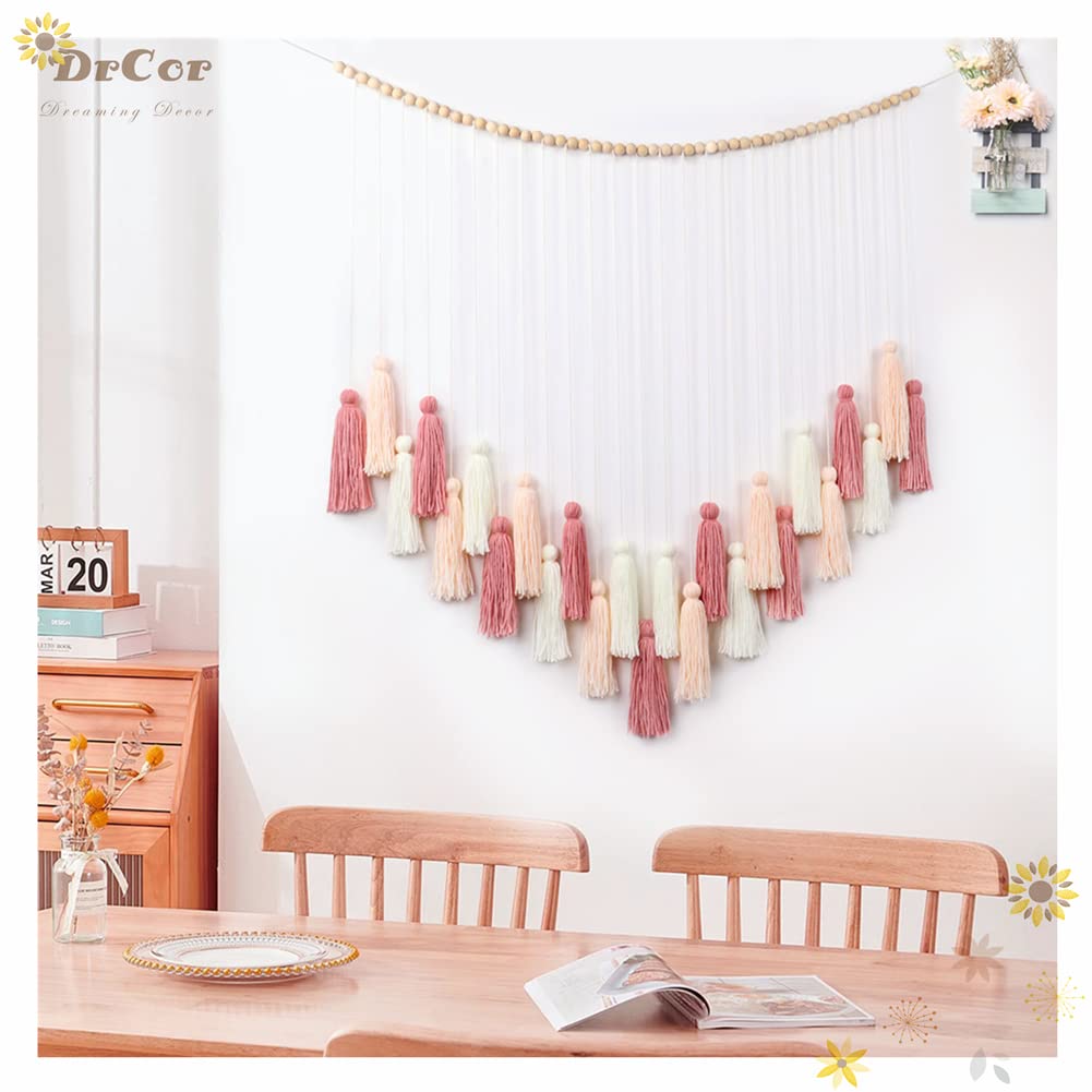 DrCor Blush Pink Boho Macrame Wall Hanging – Handmade Rose Gold Tassel Decor for Nursery, Dorm, Baby Shower, Wedding, Cozy Home or Classroom Display