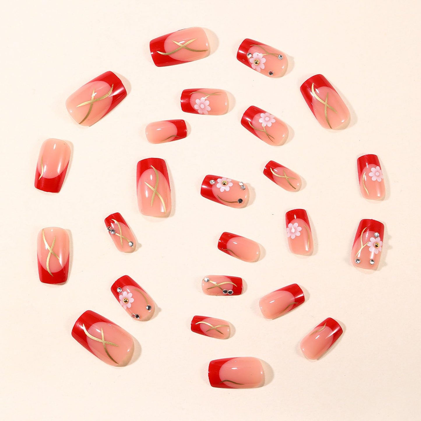 French Tip Press on Nails Square Medium Fake Nails Silver Lines Yellow Rhinestones Pink Flower Designs Glossy Nails Press ons Nude Glue on Nails Acrylic Artificial Stick on Nails for Women 24Pcs