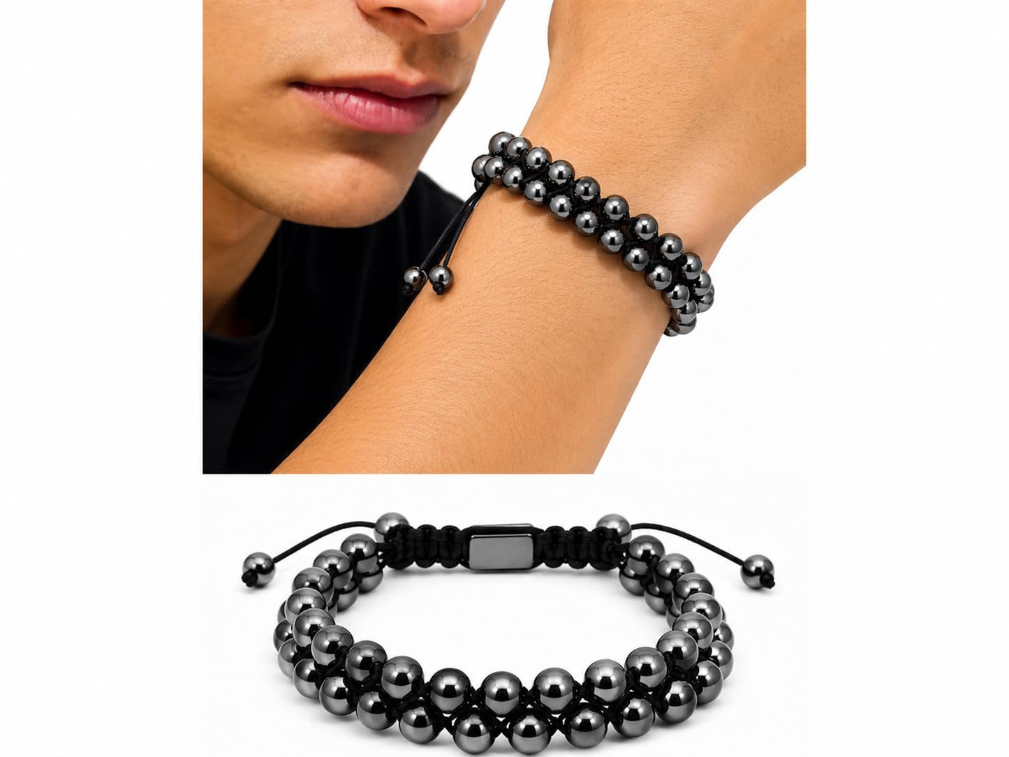 TUBIANCA Magnetic Hematite Bracelet – Strong Magnetic Beaded Bracelet for Men & Women – Adjustable Double Layer Stone Bracelet (8mm Beads, Black)