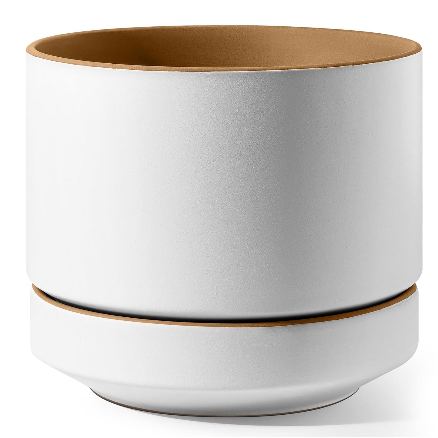 LE TAUCI 12 Inch Pot for Plants with Saucer, Ceramic Indoor Planter Pot with Drainage Hole, Mesh Pad Included, Matte Glazed Outside, Modern for Home and Office, Alpine White & Ochre