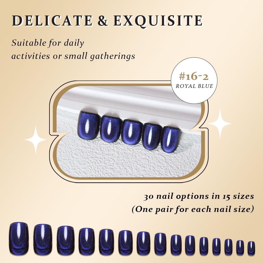 evpct Royal Blue Cat Eye Extra Short Press on Nails Square, Petite Short Square Stick on Nails for Women Gift, Blue Metallic Glitter Glossy Reusable Soft Gel Press on Acrylic Fake Nail with Designs