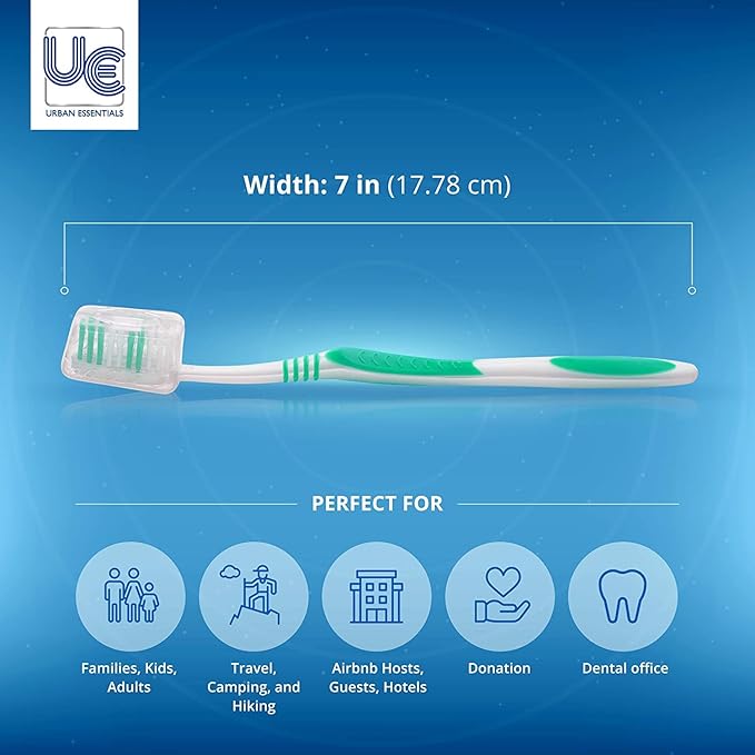 Urban Essentials Bulk Toothbrush Package with Covers | Premium Quality Individually Wrapped Colorful Tooth Brushes | Medium Soft Toothbrush Hygienic Cap for Donations, Travel, Hotels (25 Pack)