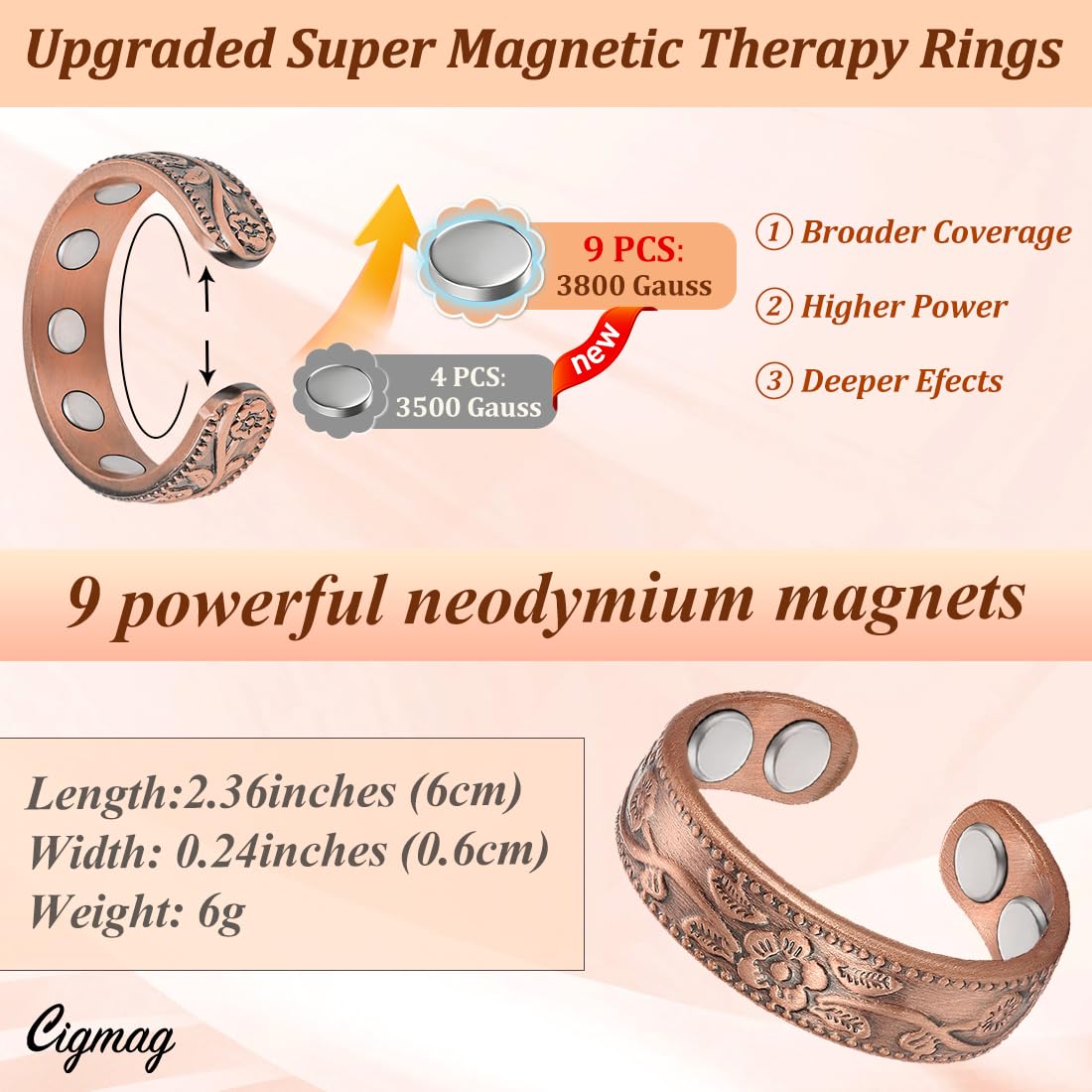 Cigmag 9X Copper Rings for Women Men, with Powerful Magnets, Adjustable Solid Pure Copper (Plum)
