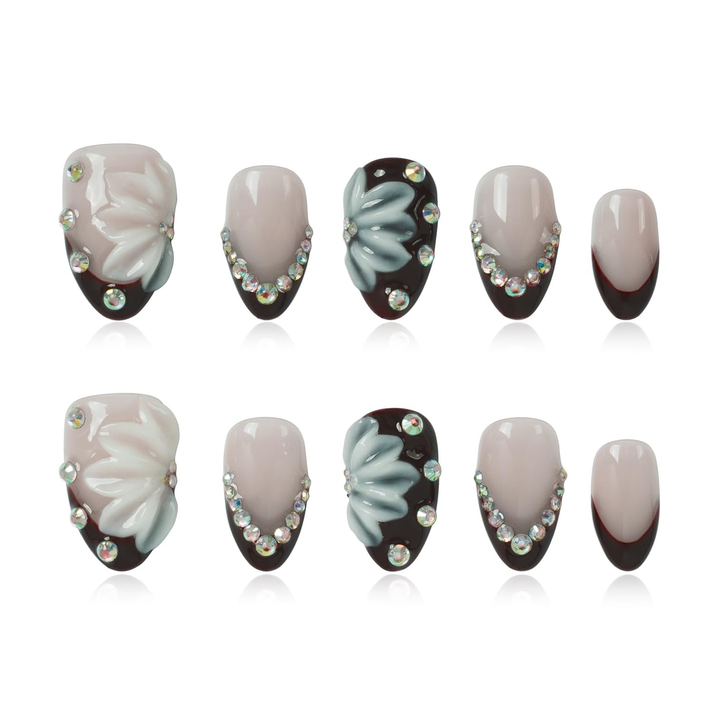 Tesytto Handmade Press on Nails Almond Shape Glossy Reusable False Nails for Nail Art (Burgundy Bloom Gem, M)