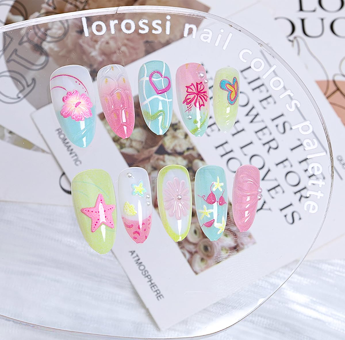 30Pcs Cute Press on Nails Medium Almond Fake Nails Summer Press ons 3D Pearl Flower Glue on Nails Beach Starfish False Nails Lemon Butterfly Heart French Tip Nails Handmade Acrylic Nails Set for Women