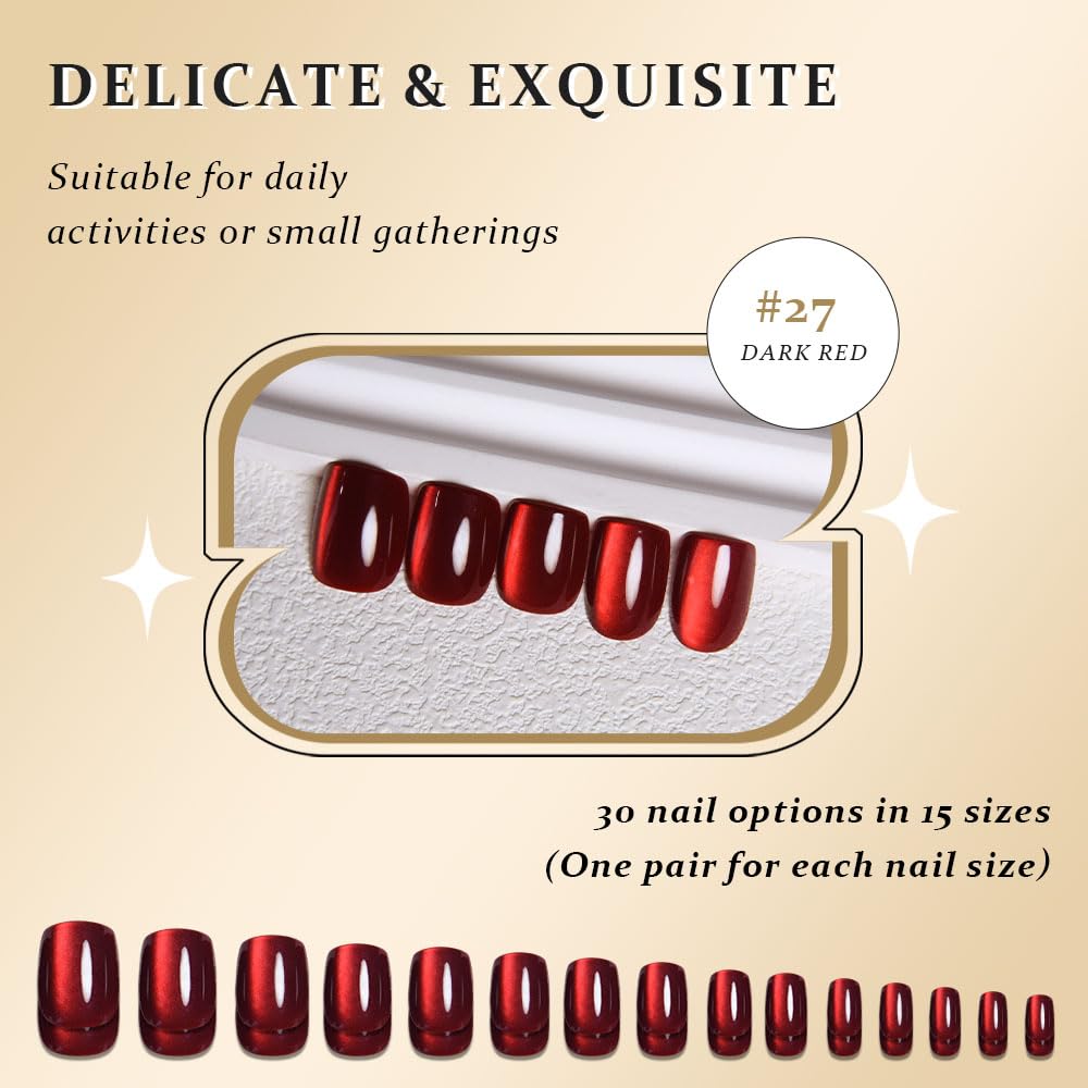 evpct True Red Cat Eye Extra Short Square Press on Nails, Petite Short Square Stick on Nails for Women Gift, Glossy Glitter Fake Nail Reusable, Soft Gel Press on Acrylic False Nail with Designs