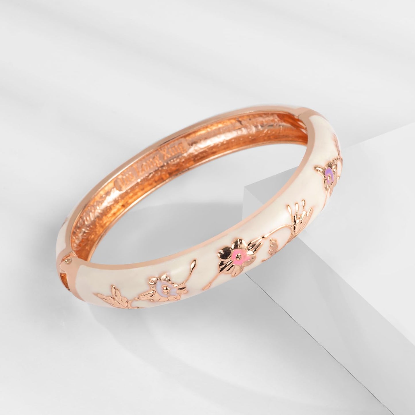 UJOY Elegant Bracelet Enameled Jewelry Spring Hinge Metal Cuff Cloisonne Rose Gold Bangles Set Gift Box Packed 55A45-55A81 Pink White