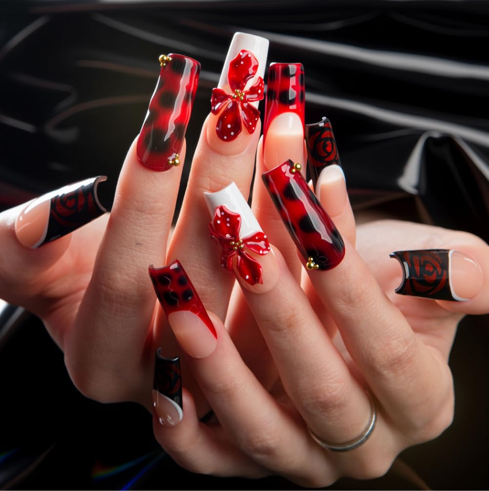LOVFUL Reusable Press on Nails | Salon Quality Sustainable Style Handmade with Full Covered Crystals | Square Classic Regular 1.3 in | (Midnight Rose, M)