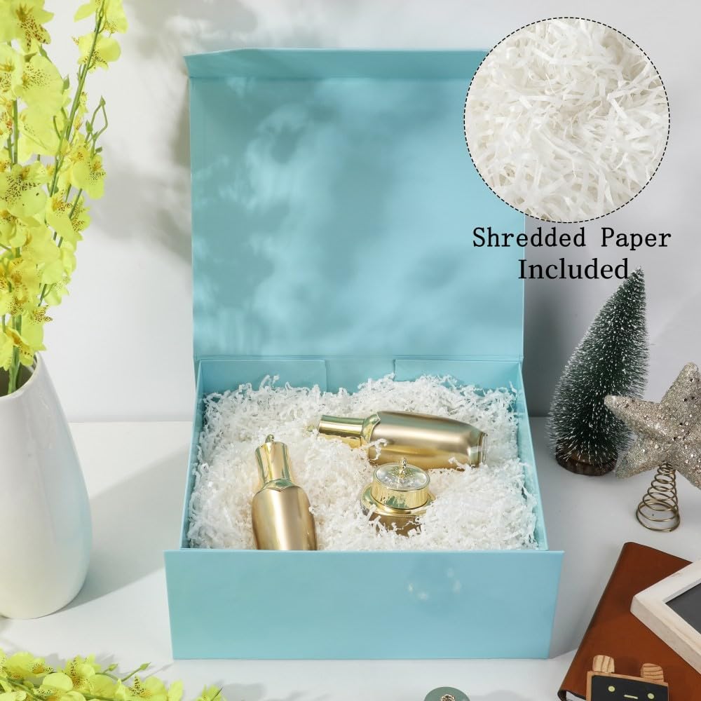 PACKGILO 1 Pcs Blue Gift Box Large 13x11x5.3 Inch Large Gift Boxes with Lids for Presents Magnetic Box with Crinkle Paper Luxury Bule Box with Shredded Paper