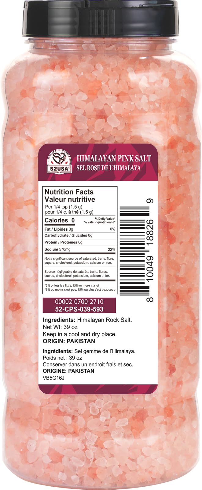 52USA Himalayan Pink Salt, Coarse Grain, 39 oz (2.4 LB), Pink Himalayan Sea Salt, Kosher Salt, Sea Salt for Grinder Refill, Himalayan Salt