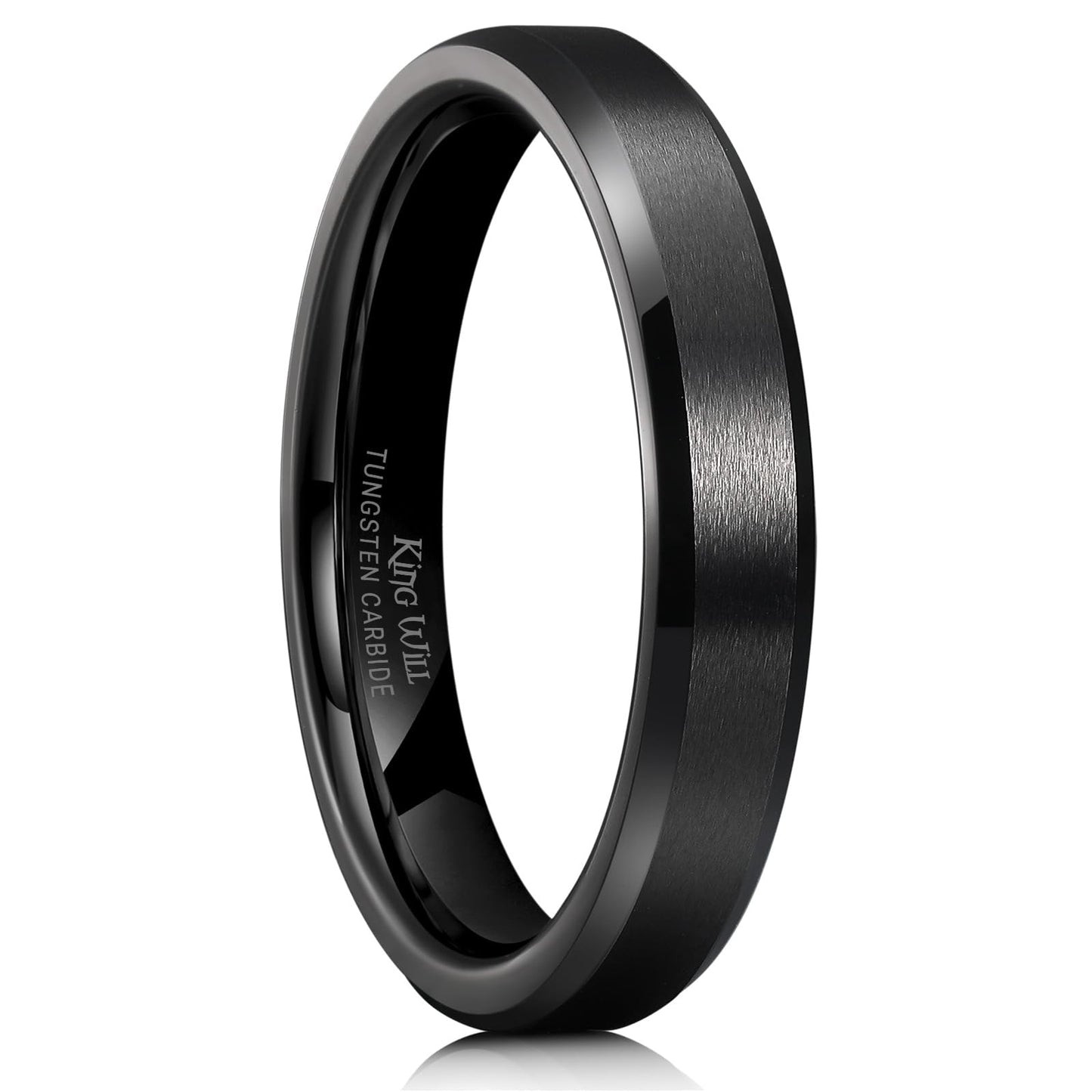King Will 4mm Black Tungsten Men's Wedding Band - Brushed Matte Finish, Beveled Polished Edge, Comfort Fit 6