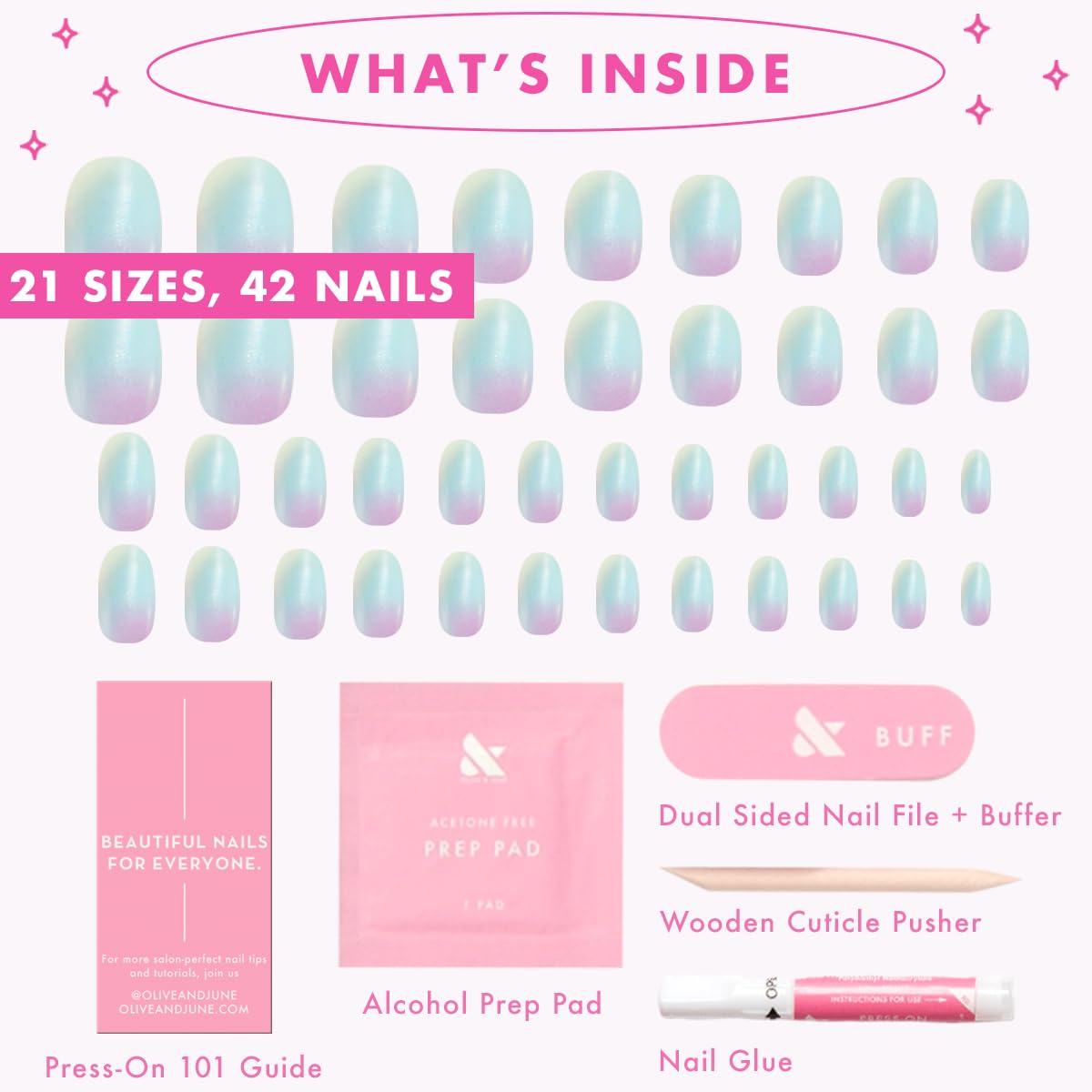 Olive & June Instant Mani Press-On Nails (Glue) | 42 Fake Nails, 21 Sizes | Non-Toxic Long-Lasting Recycled Materials Realistic Look | Salon-Quality | Medium, Oval | Iridescent Pearl Swirl Shimmer