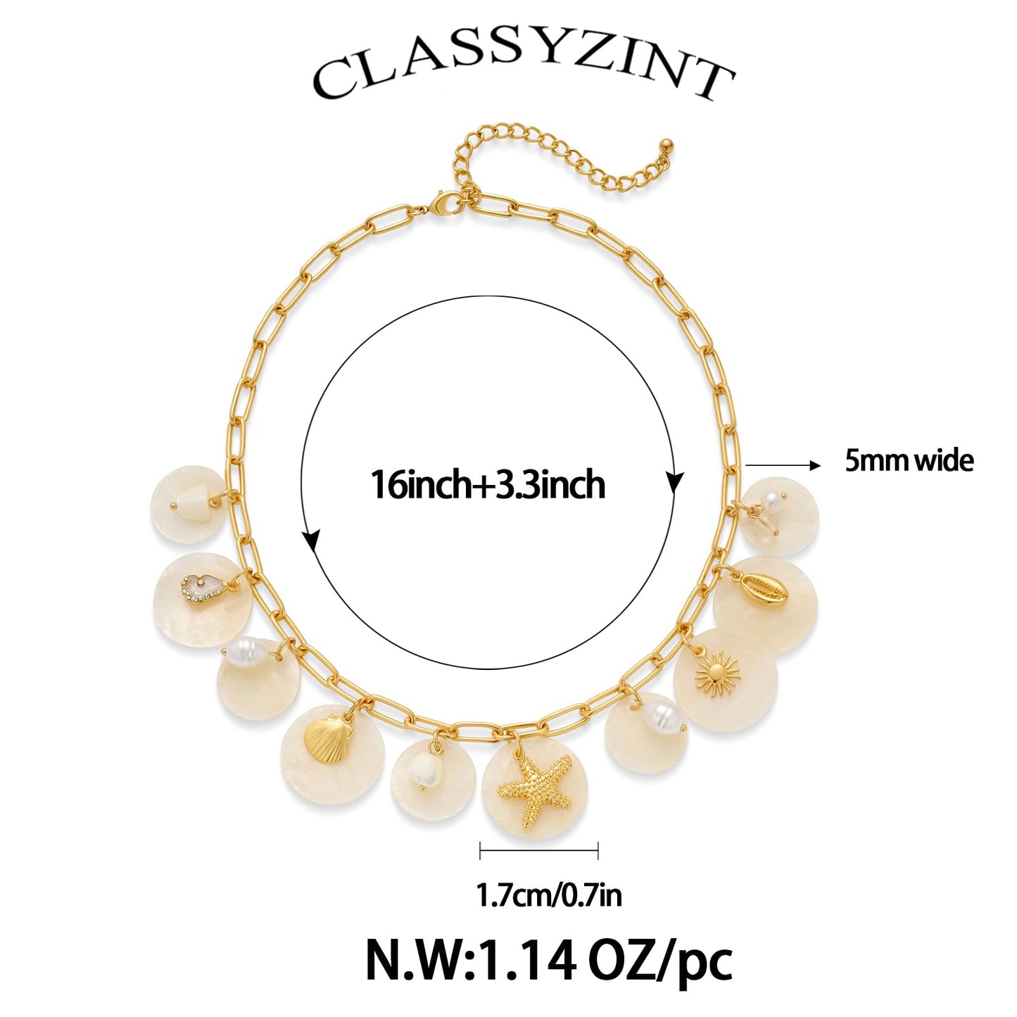CLASSYZINT Gold Shell Pendant Necklaces Paperclip Beach Charm Necklace Adjustable Trendy Summer Necklace