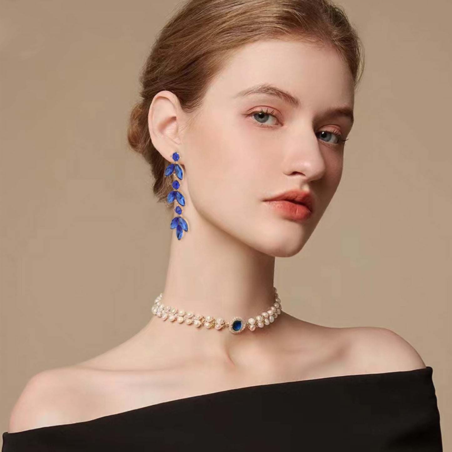 GAOKOXI Royal Blue Wedding Rhinestone Dangle Earrings Elegant Bridal Crystal Drop Earrings for Women Bridesmaids Guest Party Prom