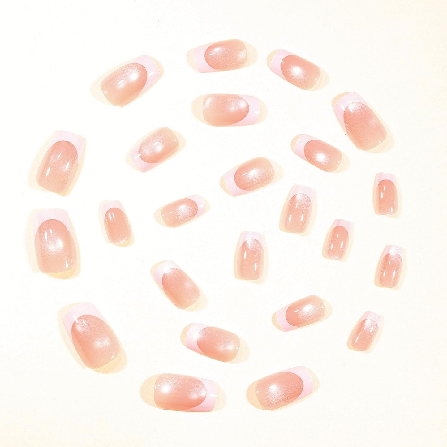 French Tip Press on Nails Medium Square Fake Nails with Cat Eye Glitter Designs Nails Press ons Nude White Glue on Nails Simple Stick on Nails for Women 24Pcs