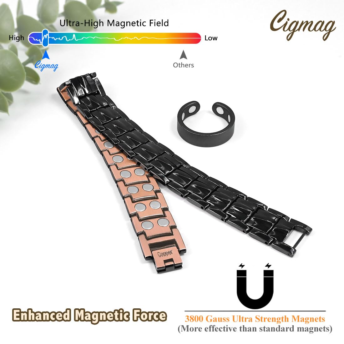 Cigmag Copper Bracelet for Men, Pure Copper Magnetic Bracelet & Ring Set with Strength 3800 Gauss Magnets, Adjustable with Sizing Tool (Double Row Black)