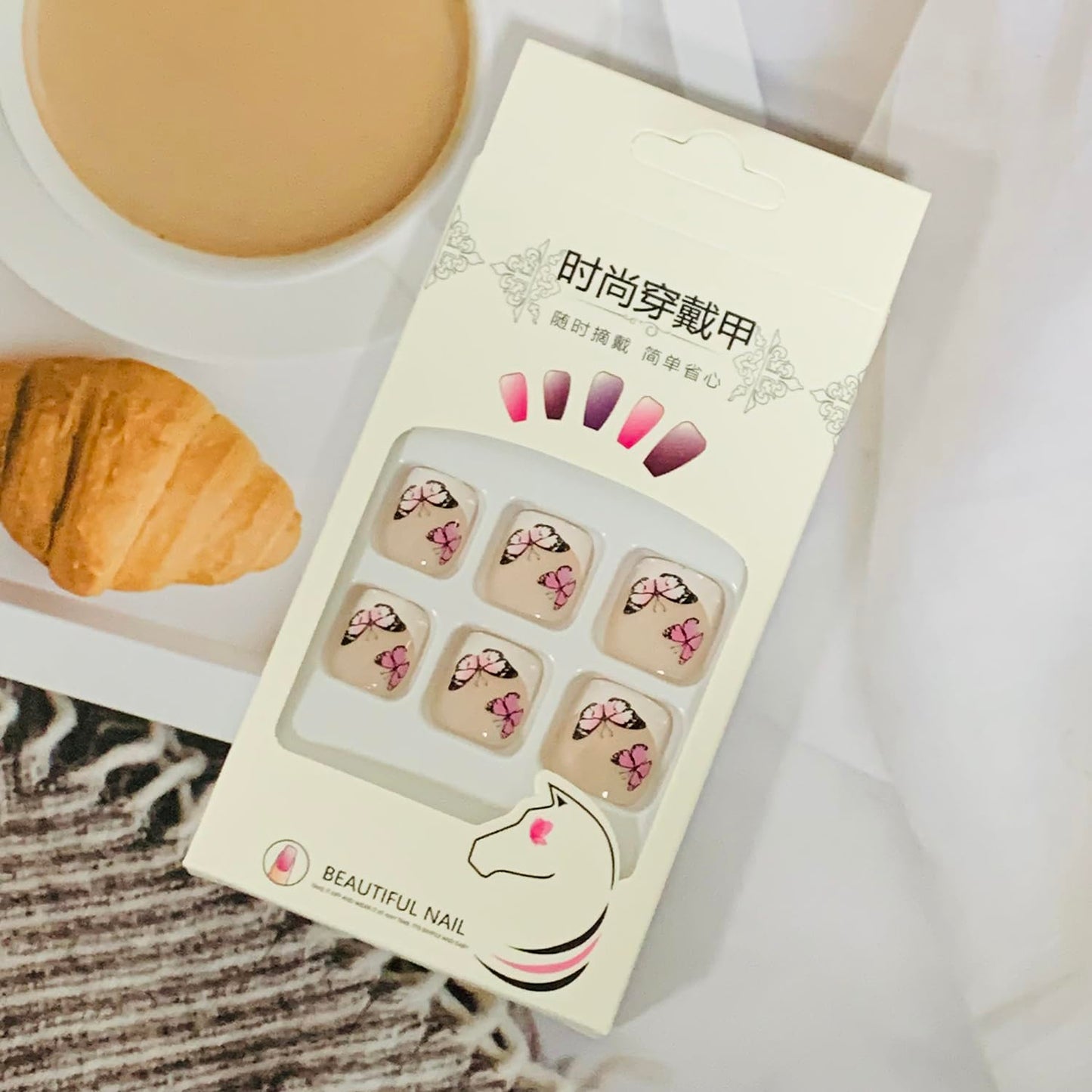 Press on Toenails with Butterfly Designs, Artificial French Fake Nails for Toe, Full Cover Glossy Coffin Acrylic False Nails, Glue on Toenails with Charm, Stick on Toe Nails for Women(JY065)