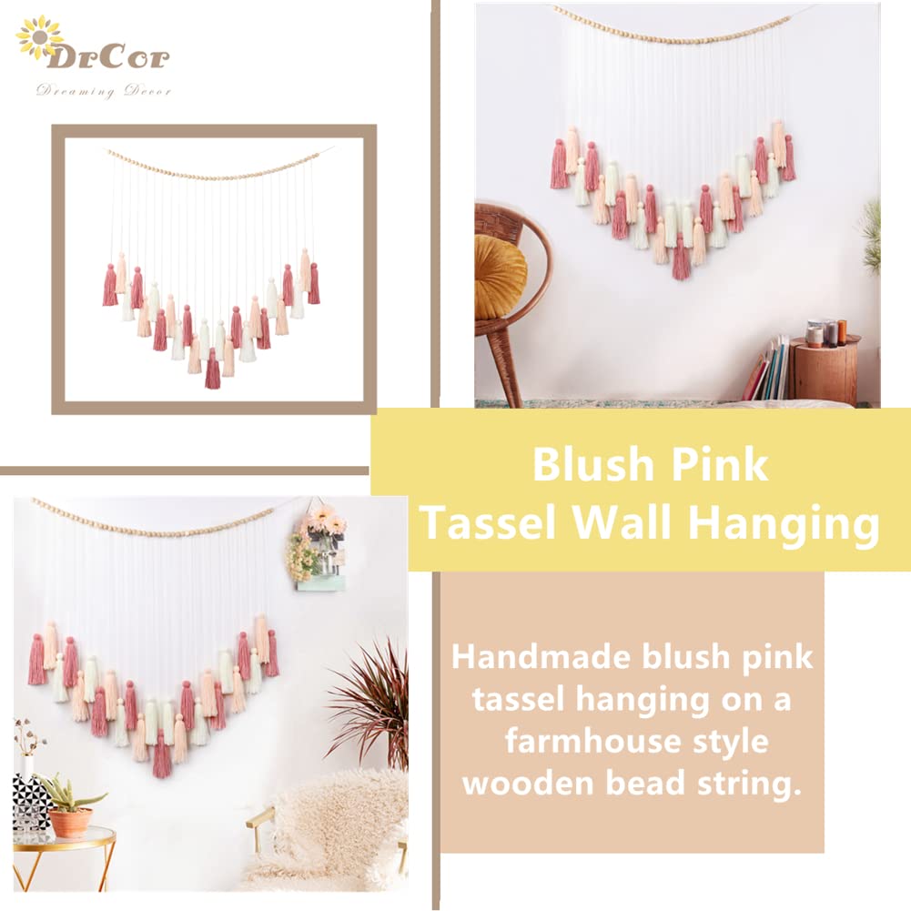 DrCor Blush Pink Boho Macrame Wall Hanging – Handmade Rose Gold Tassel Decor for Nursery, Dorm, Baby Shower, Wedding, Cozy Home or Classroom Display
