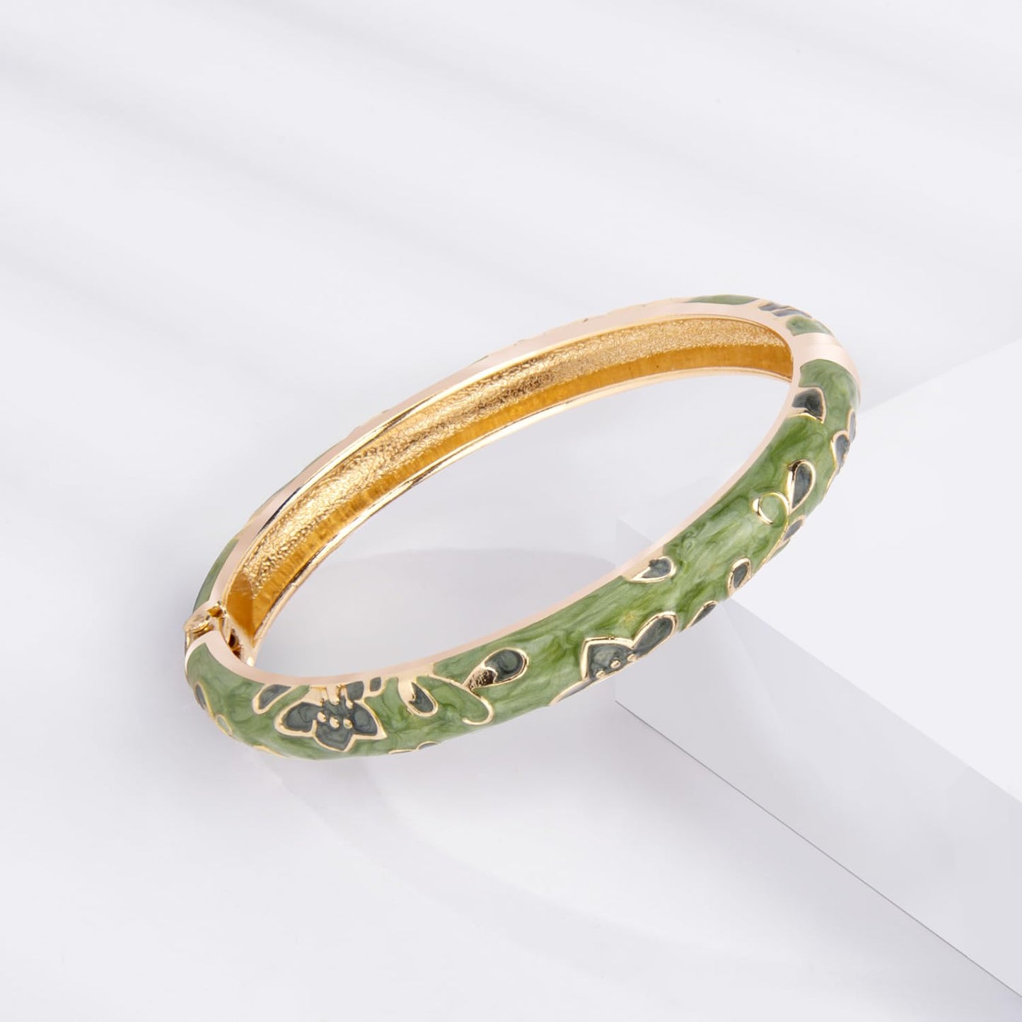UJOY Women Cloisonne Bracelet Multi-Colors Plated Rhinestone Flower Hollowed Enameled Hinged Cuff Bangles Jewelry Gift 88A10 3pcs Green