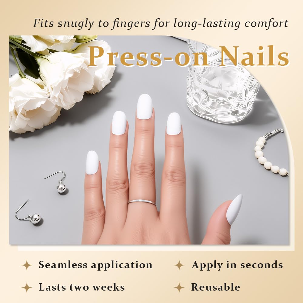 evpct White Glossy Press on Nails Oval Medium for Women Gift, Medium Oval White Fake Nail with Nail Kit Manicure Kit, Soft Gel Full Cover Reusable Stick on Soft Acrylic False Nails Perfectly Fit