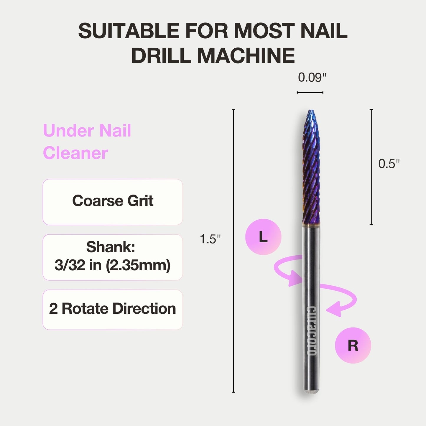 Curacoro Under Nail Cleaner 3/32'' Safety Carbide Bit (Coarse), Professional Design to Remove Dirt, Debris, Dead Skin for Healthy Nail Growth, Nail Drill Bits Manicure Salon & Home
