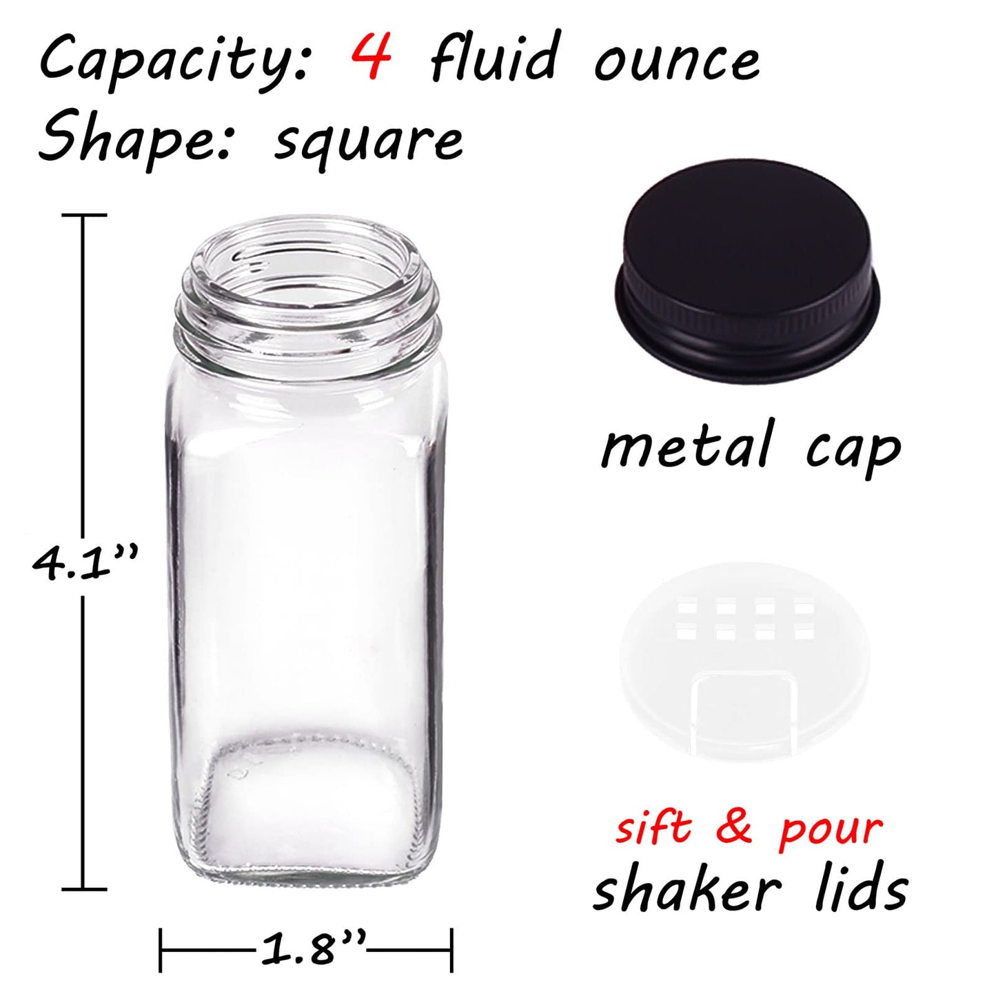 Churboro 66 Spice Jars with 547 Labels- Glass Spice Jars with Black Metal Caps, 4oz Empty Spice Containers with Shaker Lids, Funnel, Chalk Pen, Square Seasoning Bottles for Spice Rack, Drawer, Cabinet