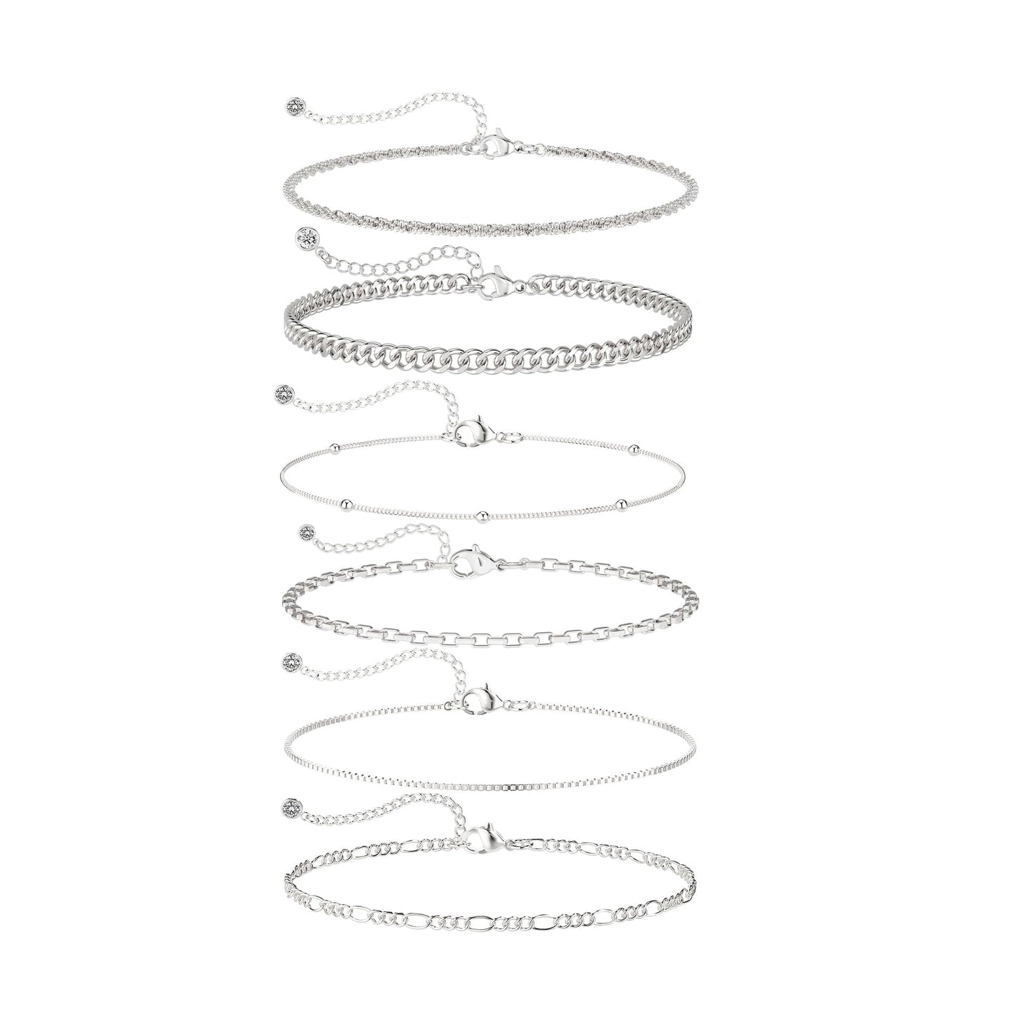 DEARMAY 925 Silver Plated Bracelets for Women Trendy Dainty Silver Plated Jewelry Sets Waterproof Fashion Stackable Box Beaded Figaro Rope Cuban Chain Bracelet Pack Stack Gifts for Womens