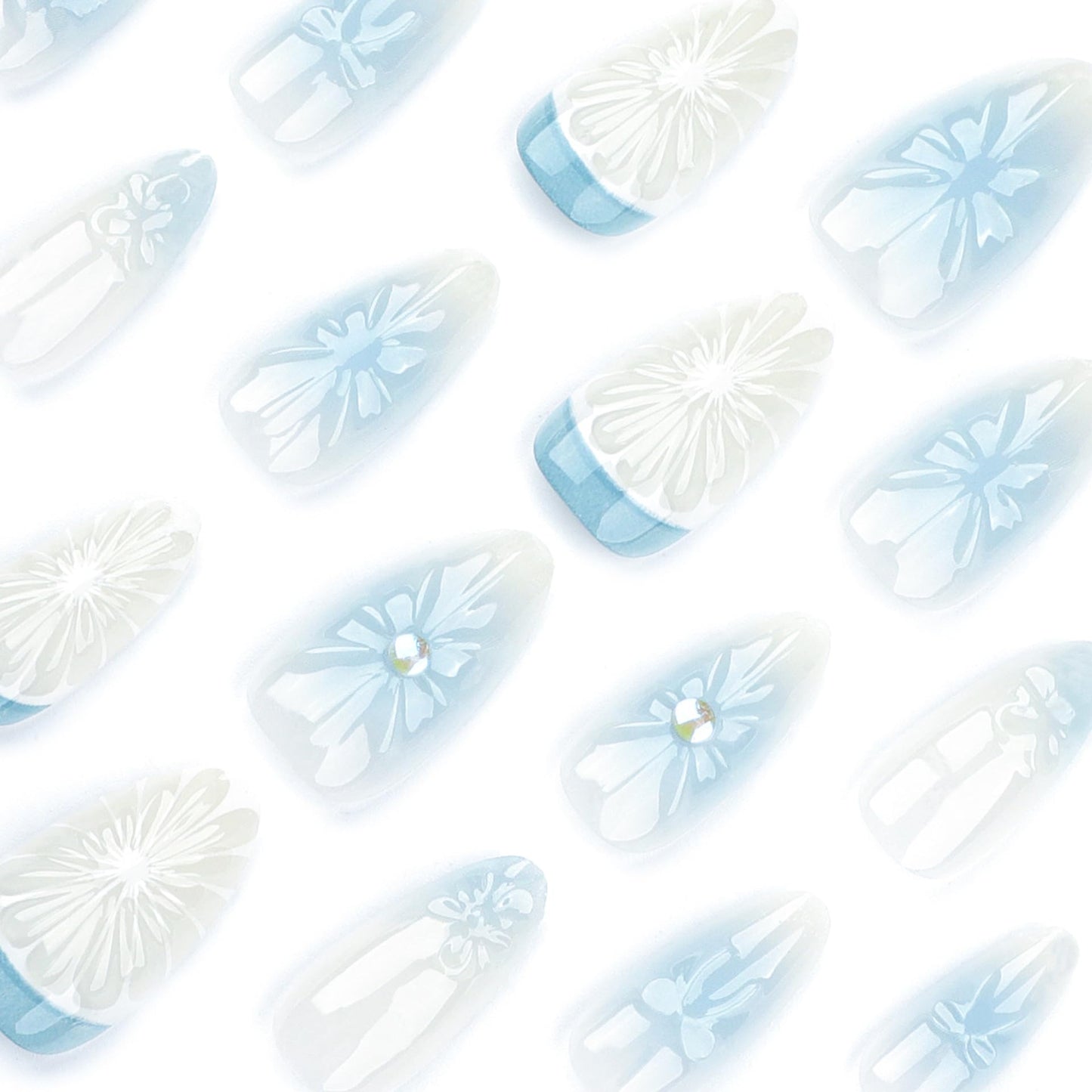 3D Summer Blue Press On Nails, Medium Almond Shape, 24pcs Fake Nails with Glue, Lemon Flower Bow Design, Pearl Gel Details, Reusable Acrylic Nails for Women