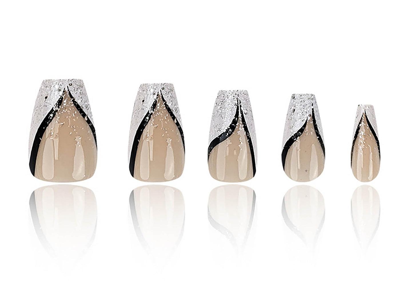 RUOKEXIN Coffin Press on Nails French Tip Fake Nails Medium False Nails with Glitter Designs Medium Coffin Nail Press ons Nude Full Cover Glue on Nails Cute Stick on Nails for Women 24Pcs