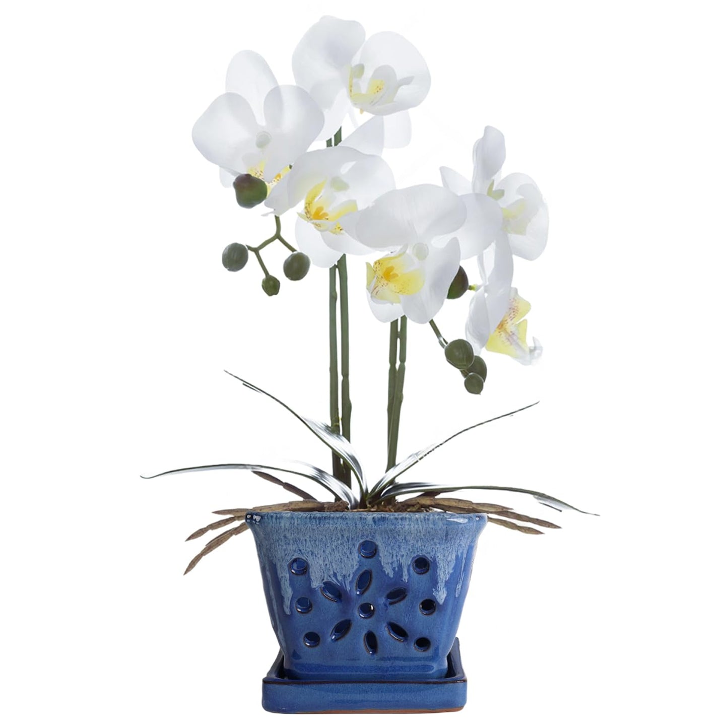 vensovo 5.5 Inch Orchid Pot with Holes Rectangular for Repotting, Ceramic Orchid Planter Indoor/Outdoor Use with Enhanced Airflow & Drainage, Blue