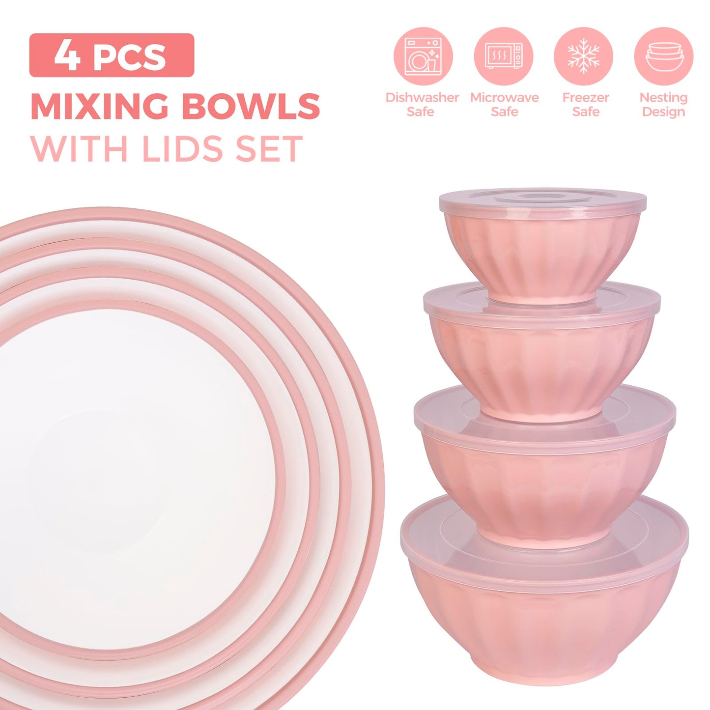 BoxedHome Mixing Bowls with Lids Set, 4PK Large 0.2” Thick Plastic Nesting Mixing Bowl, Microwave Safe,Size 1.37,2.32,3.8 and 5.07qt, Pink