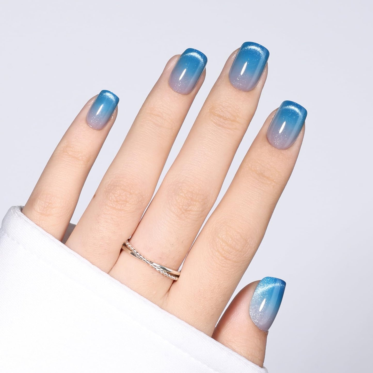 Blue Cat Eye Press On Nails - Short Square Ombre Press Ons for Women Fake Nails with Glue, Glossy Reusable Glue on Nail in 15 Sizes - 30pcs