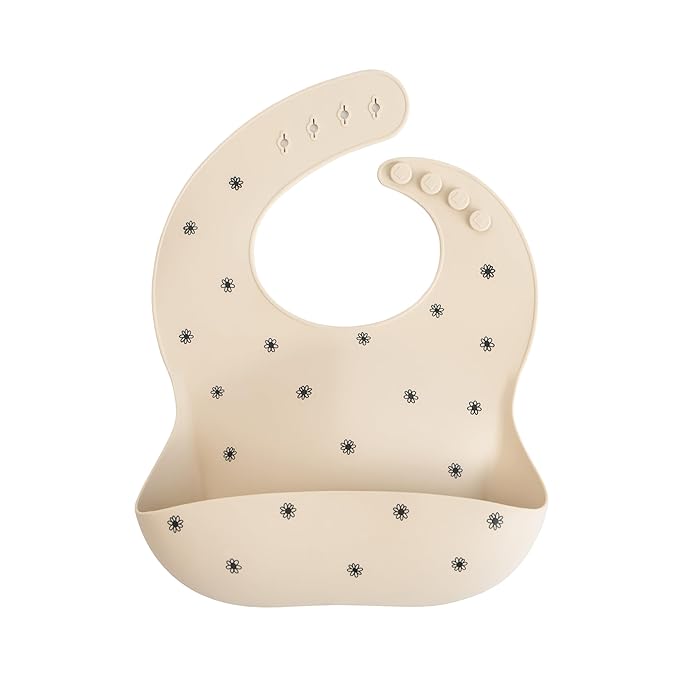 mushie Silicone Baby Bib | Adjustable Fit Waterproof Bibs (Black Daisy)