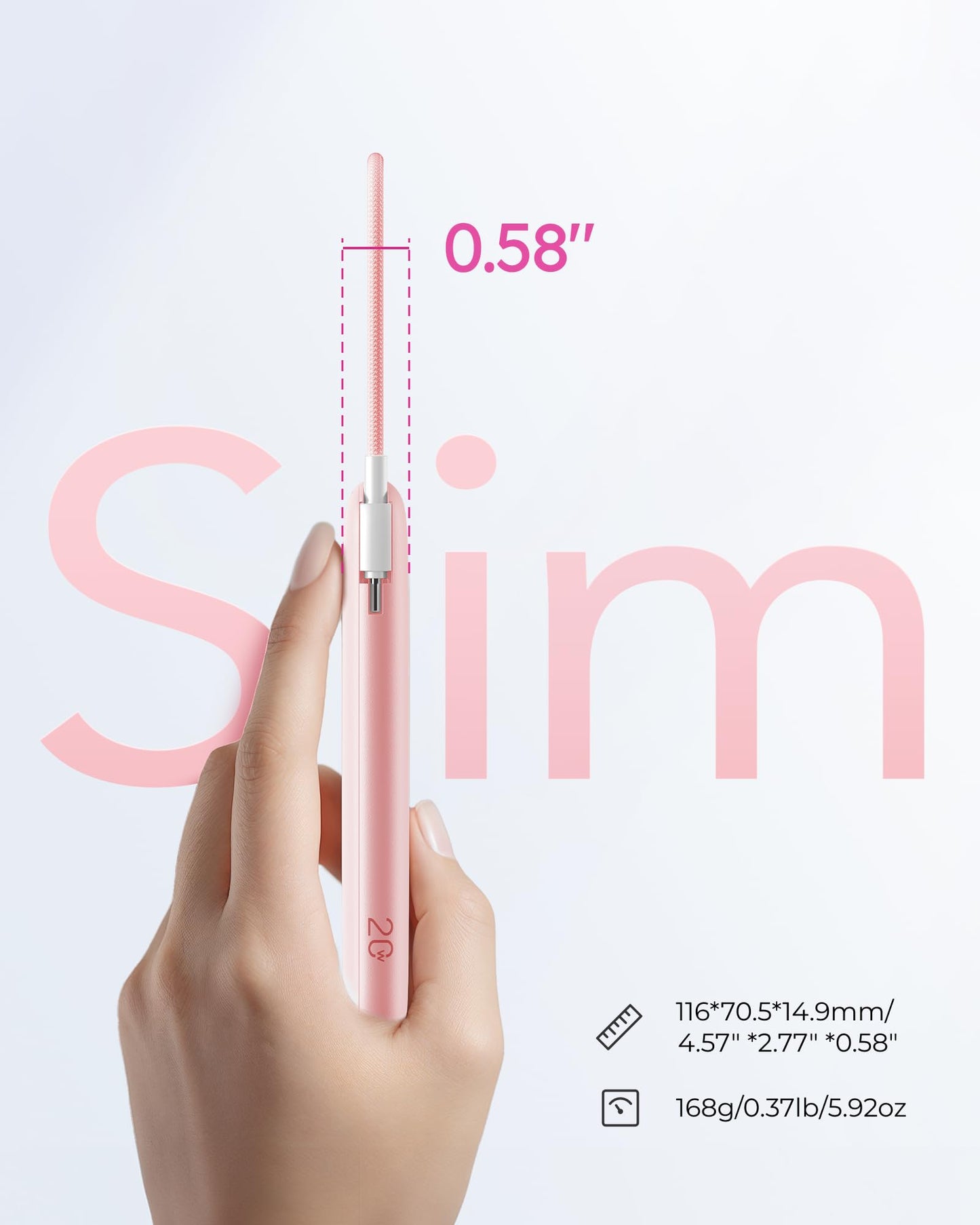 VIYISI Slim Portable Charger Power Bank 10000mAh, PD 20W Fast Charging Compact Battery Pack with Built-in USB C Cable, Travel Essential Compatible with iPhone 17 16 15, Samsung, Android - Pink