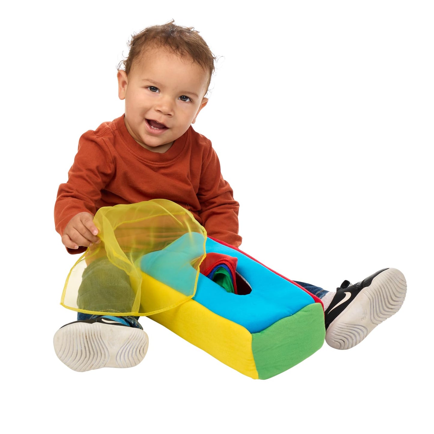 Excellerations Plush Pull & Play 12 inches L x 5-1/2 inches W x 3-1/2 inches H Tissue Box 12 Square Scarves for Children, Kids Educational Baby Toy, 9 Months and Up
