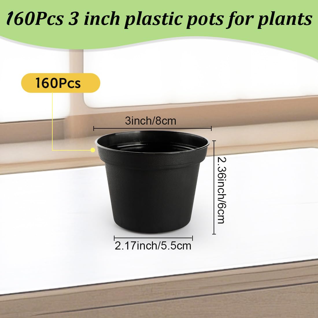 RooTrimmer 160 Pack 3 Inch Black Nursery Pots - Plastic Seedling, Seed Starter, Germination Pots with Drainage for Plants, Succulents, Flowers, Transplanting