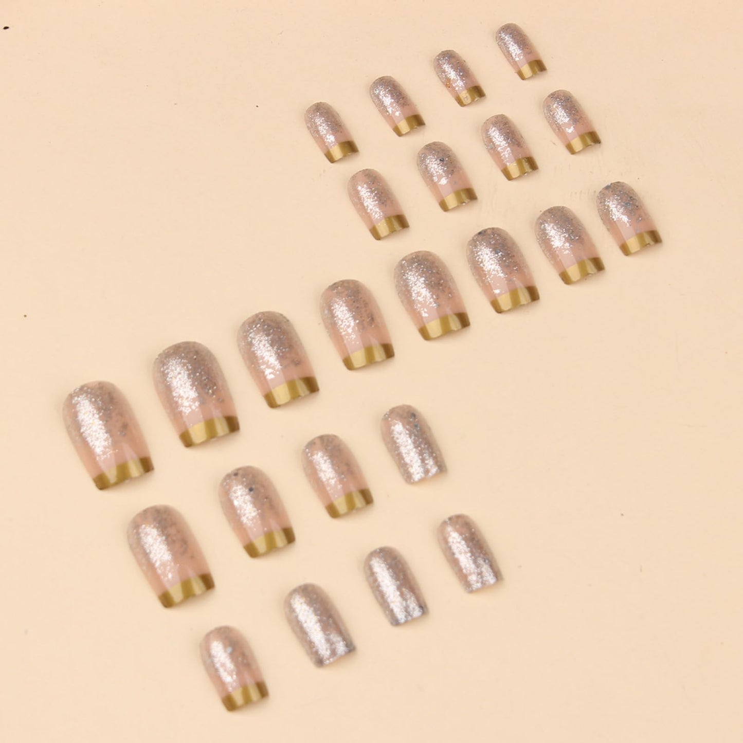SINHOT Square Press on Nails Medium Fake Nails Glossy Glue on Nails Bling Glitter Acrylic Nails Squoval Artificial Nails Gold French Tip Stick on False Nails with Design 24 pcs