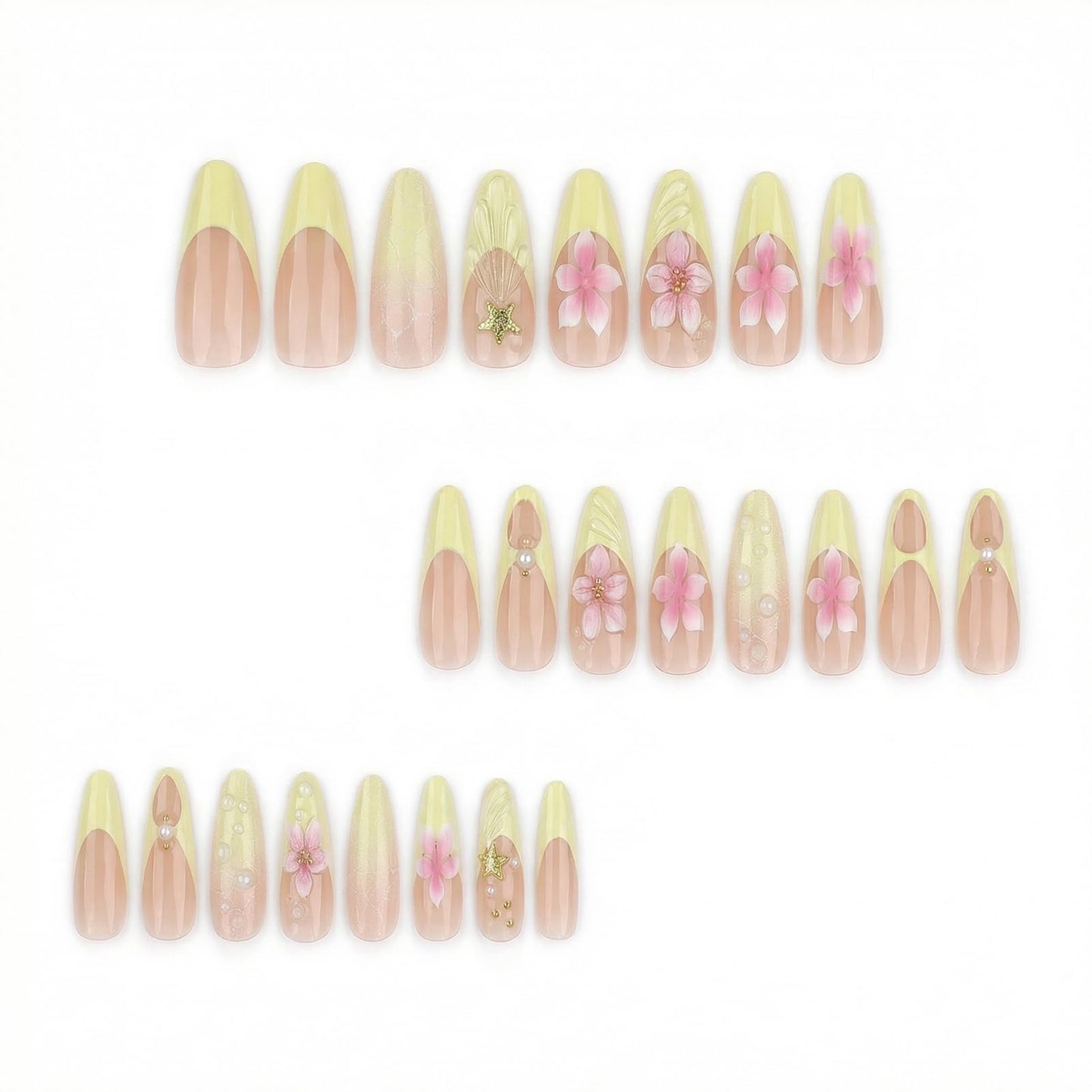 IMRAIN Almond Press on Nails, Long Fake Nails, 3D Water Drop Pink Floral Pearl Design, 24 Pcs Reusable Glue on Nails for Women, Salon Quality