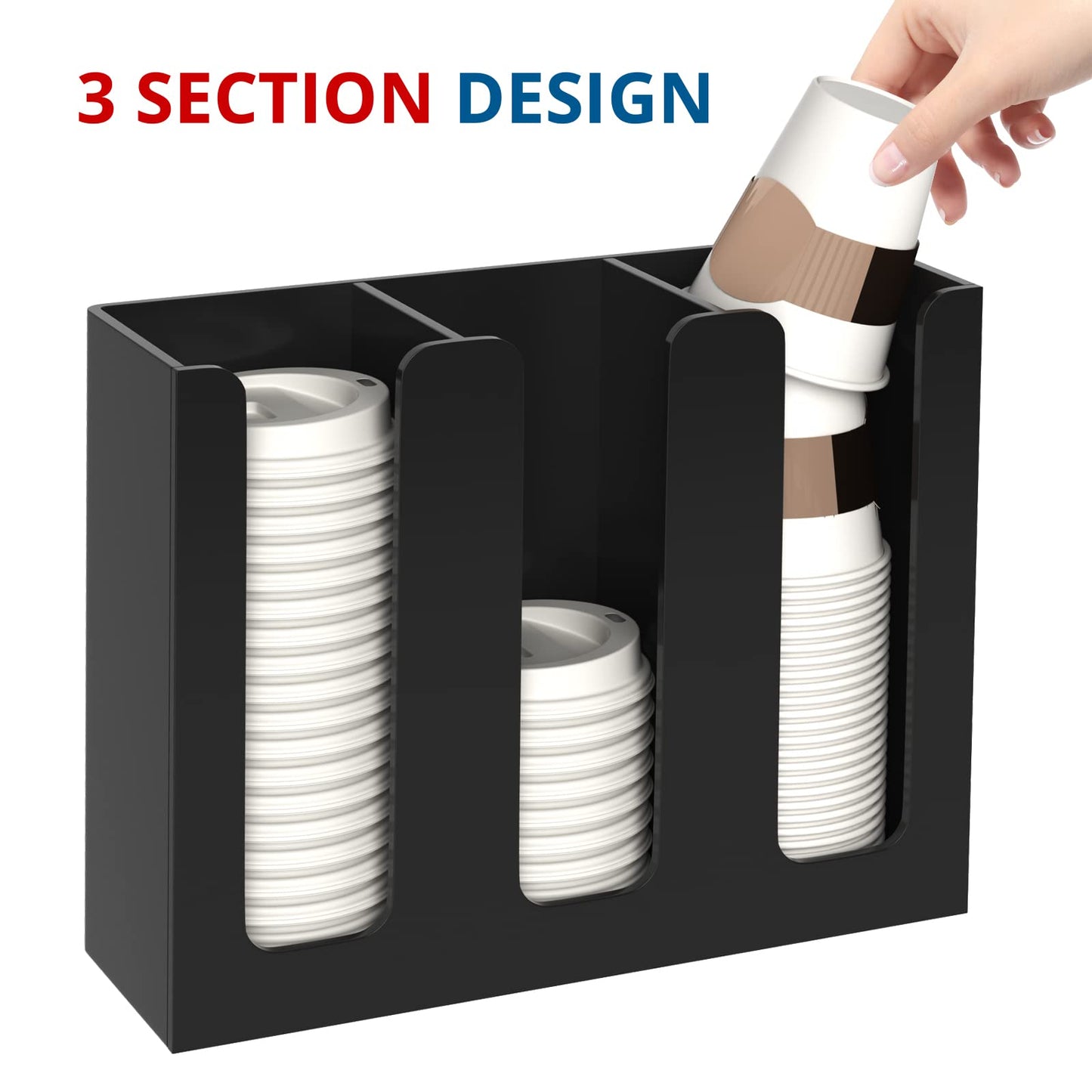 KOTEMON Acrylic Cup and Lid Holder, 3 Compartment, Disposable Coffee Cup Dispenser Cup Storage Organizer, Black