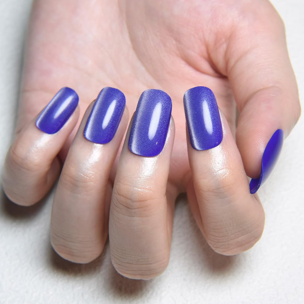 Blue Cat Eye Press on Nails Medium Square, Medium Square Press Stick on Nails Chrome for Women Gift, Blue Holographic Glitter Glossy Reusable Soft Gel Acrylic Fake Nail with Designs Cateye Effect