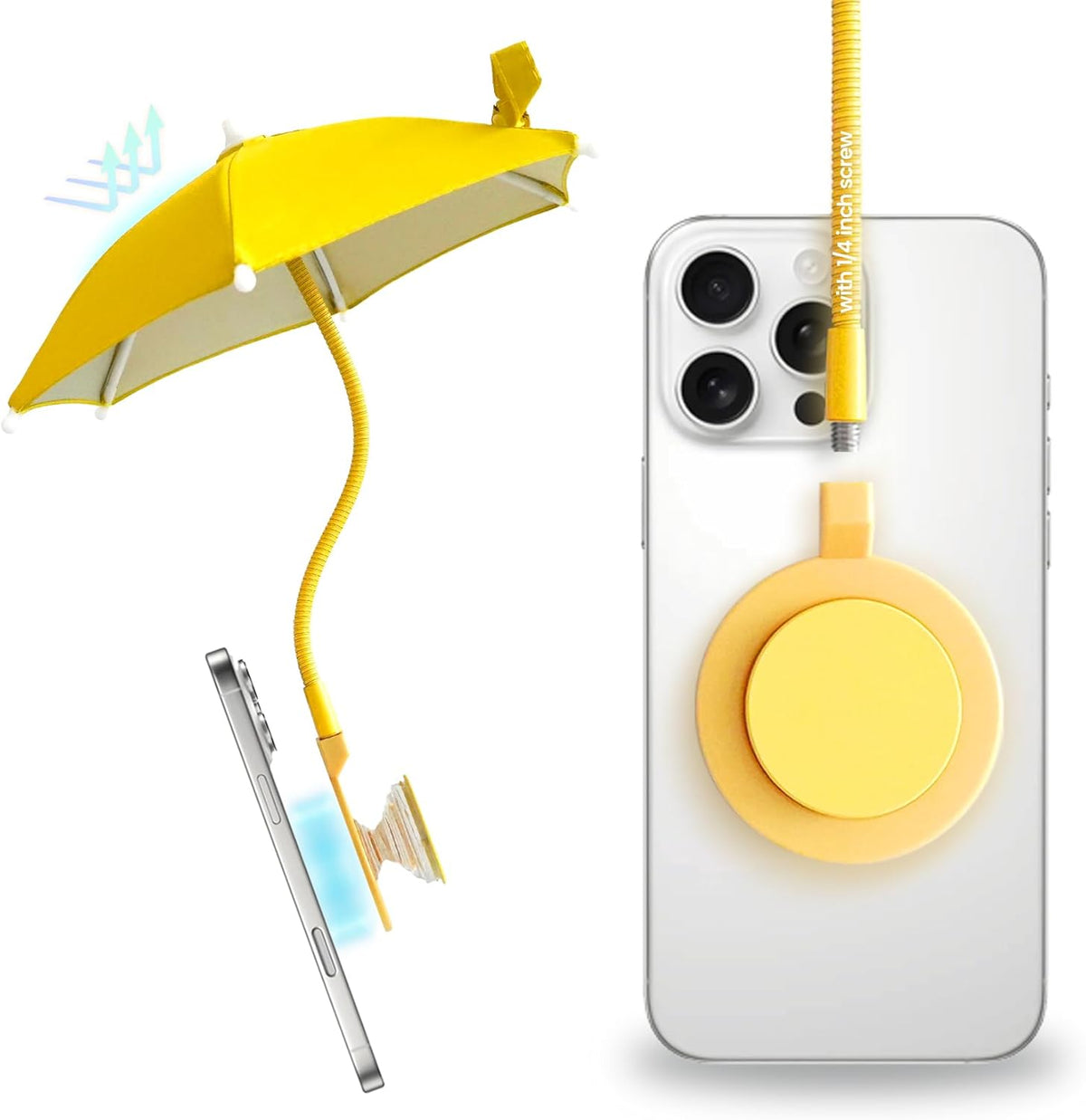 3 in 1 Magnetic Umbrella Sunshade Collapsible Expandable Phone Grip & Stand - Elegant Magsafe Compatible Phone Holder for Secure Grip and Hands-Free Viewing (Yellow)