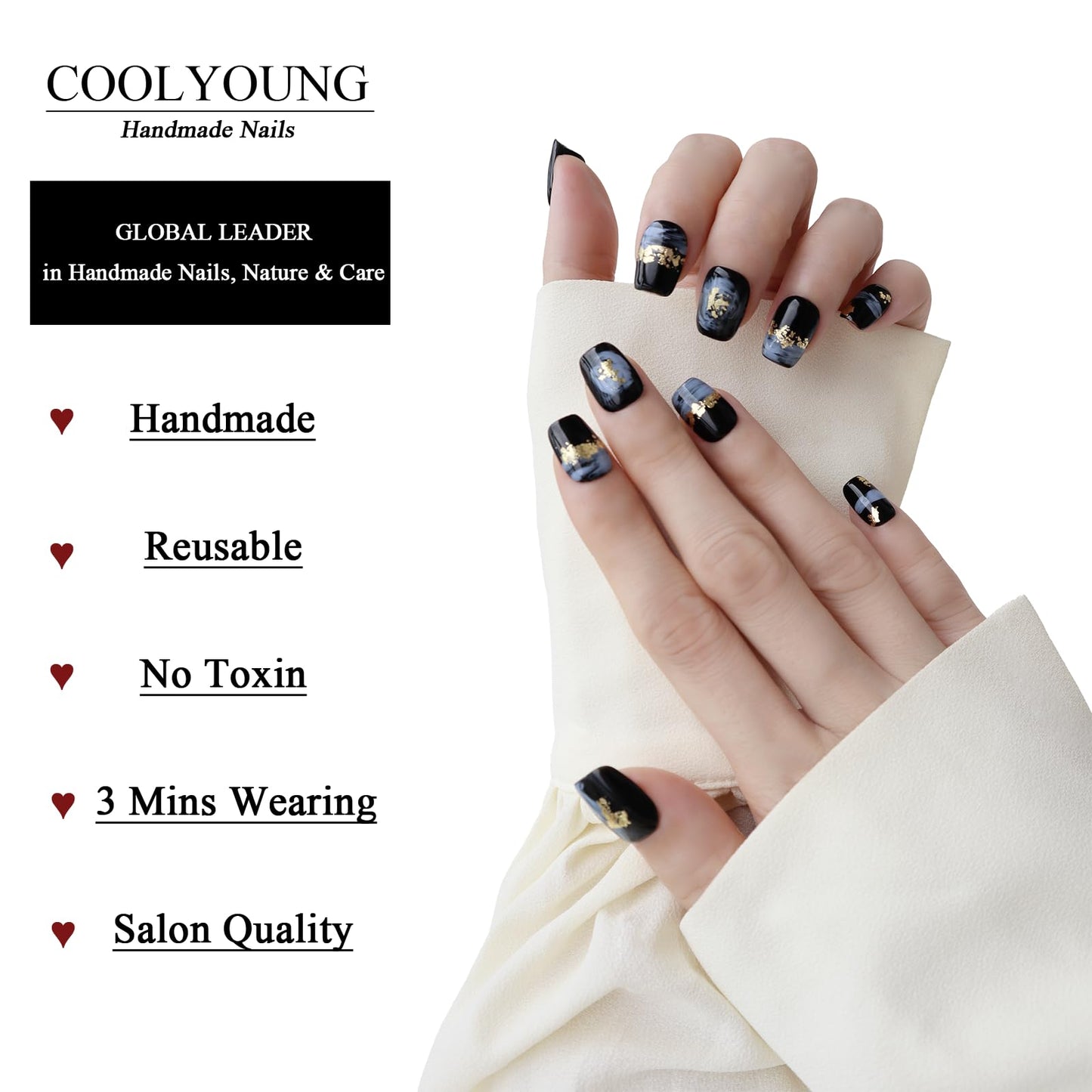 Handmade Press On Nails Short Square Black Press On Nails Gifts For Women Glitter Long Lasting Nails COOLYOUNG Acrylic Nails, 10 PCS, Size M