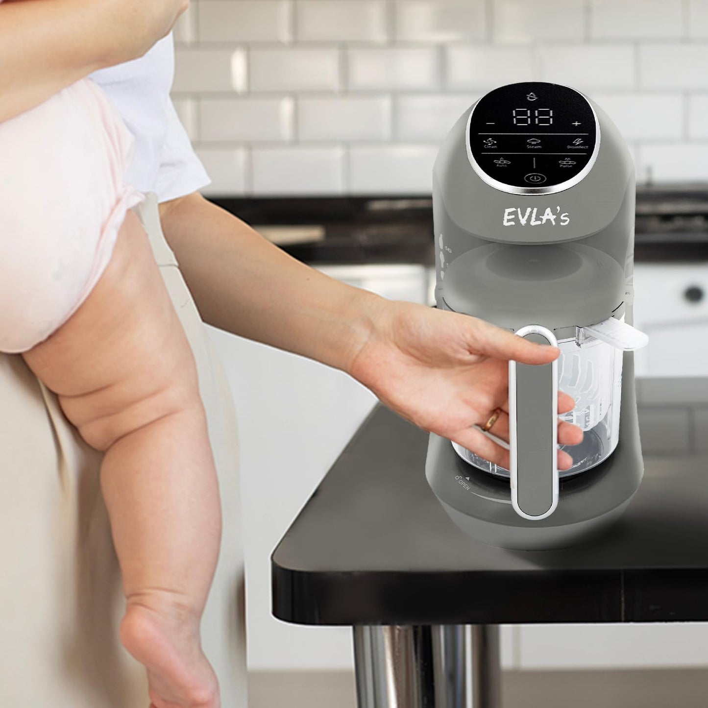 Replacement Stirring Cup & Blade with Steaming Basket for EVLA'S Baby Food Maker - Gray