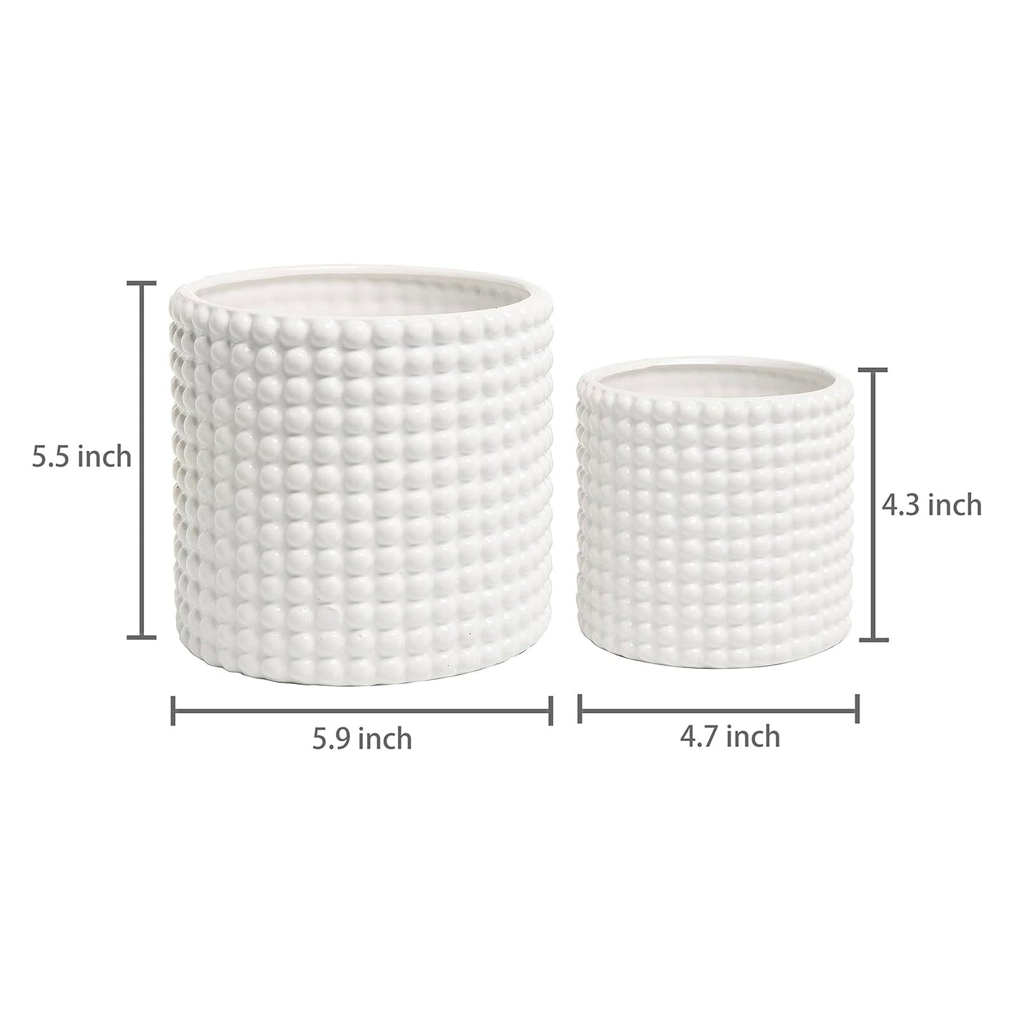 MyGift 6 Inch Ceramic Round Planter Pot, Set of 2 Vintage-Style White Ceramic Flower Pots, Indoor Hobnail Textured Cylindrical Succulent Plant Containers