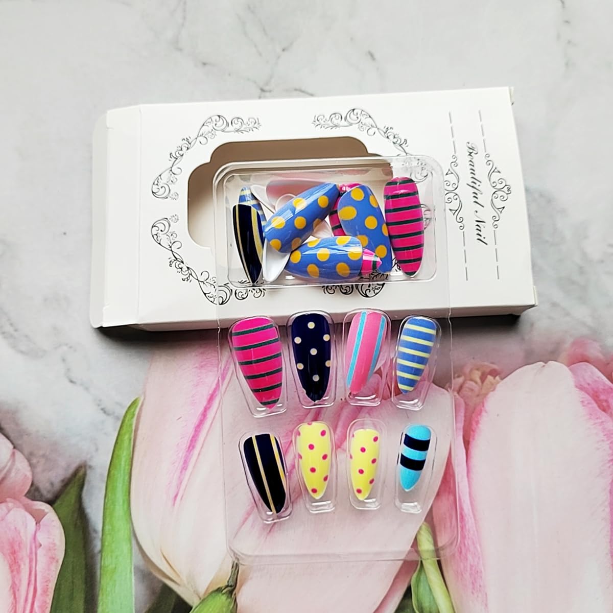 24 Pcs Summer Press on Nails Medium Almond WLGDLH Fake Nails, Multicolor False Nails Press ons with Striped Polka Dots Design, Cute Glue on Nails Full Cover Stick on Nails for Women Manicure