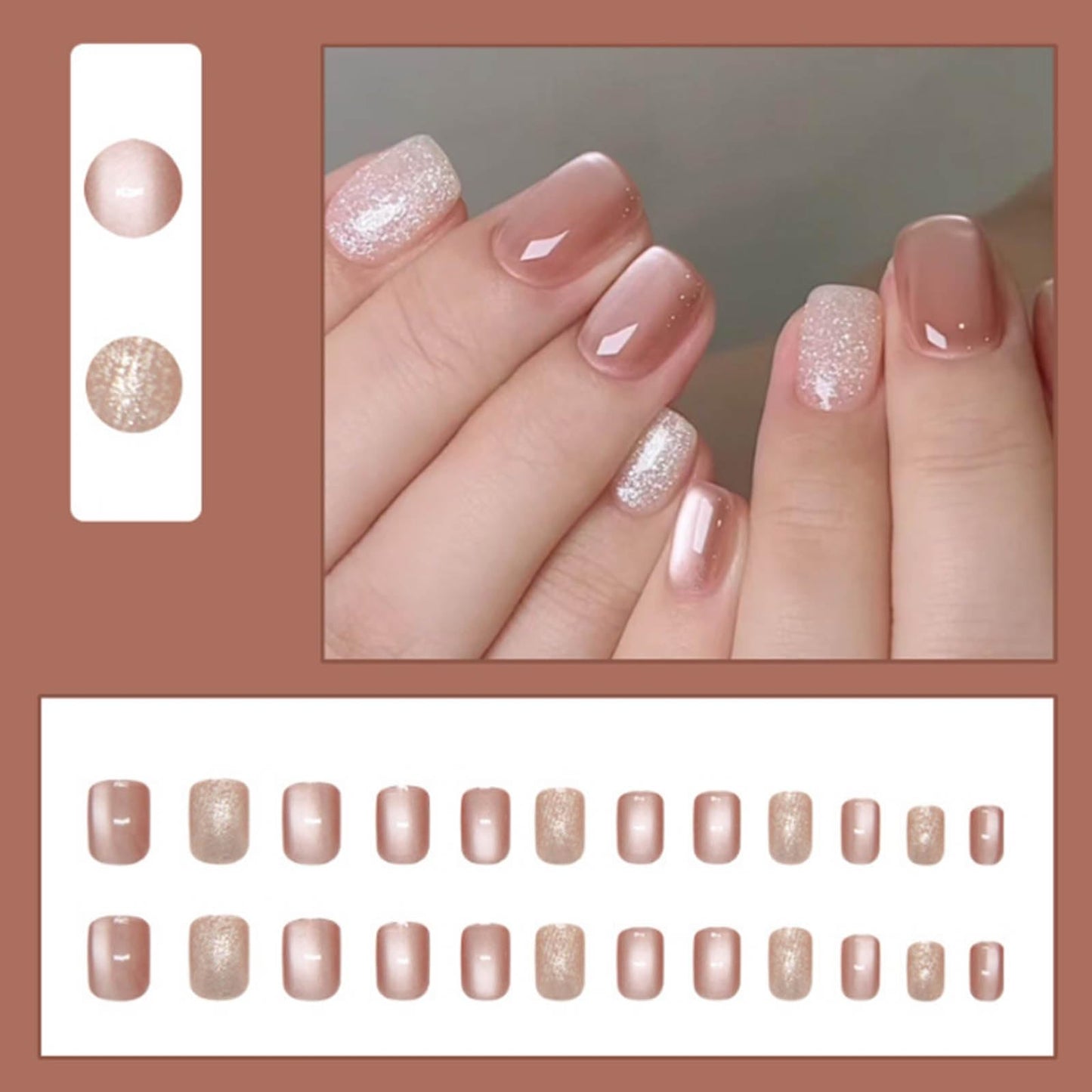 DANMANR Short Press on Nails Square French Fake Nails Full Cover Acrylic Bling False Nails for Women and Girls24PCS (Cat Eye)