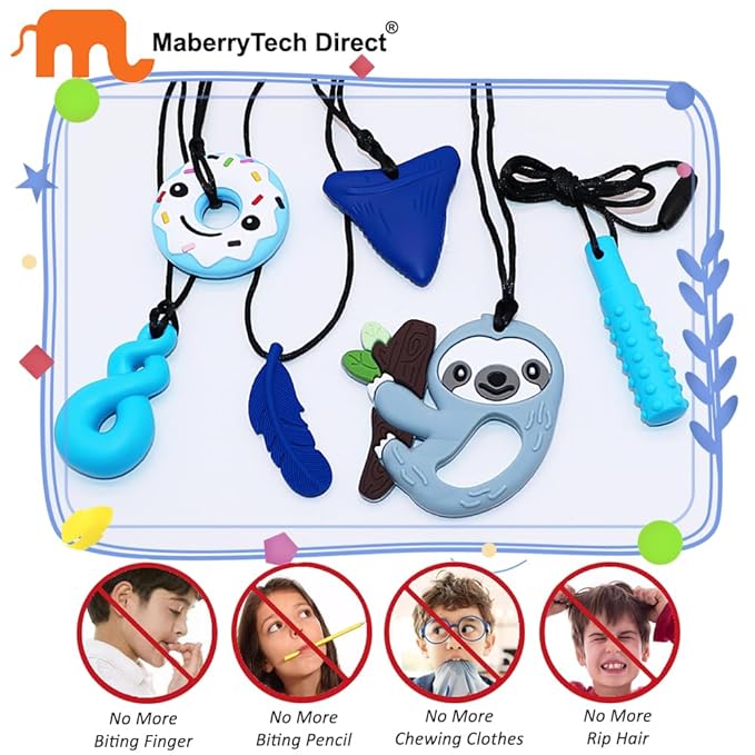 Chew Necklaces for Sensory Kids Boys Girls, 6 Pack Chewy Necklace Sensory Toys for Kids with Autism, Silicone Oral Motor Aids Chew Toys for Children Adults Reduce Fidgeting